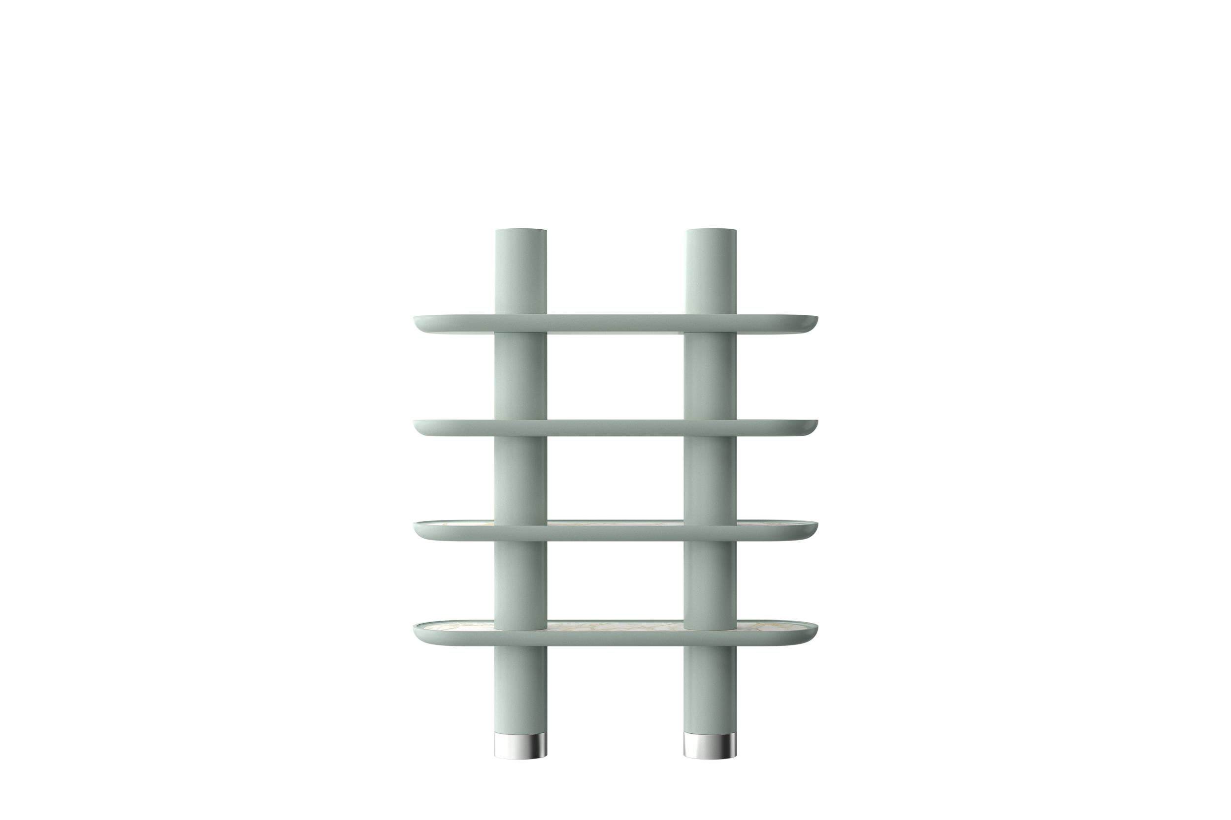 Mina 150, Lacquered Library with Four Shelves and Two Columns by Ultramobili
Dimensions:  W 150 x D 42 x H 194 cm
Materials: Lacquered structure, Wooden, Ceramic, Inox inserts. 

Lacquered structure Library with four shelves and two columns.