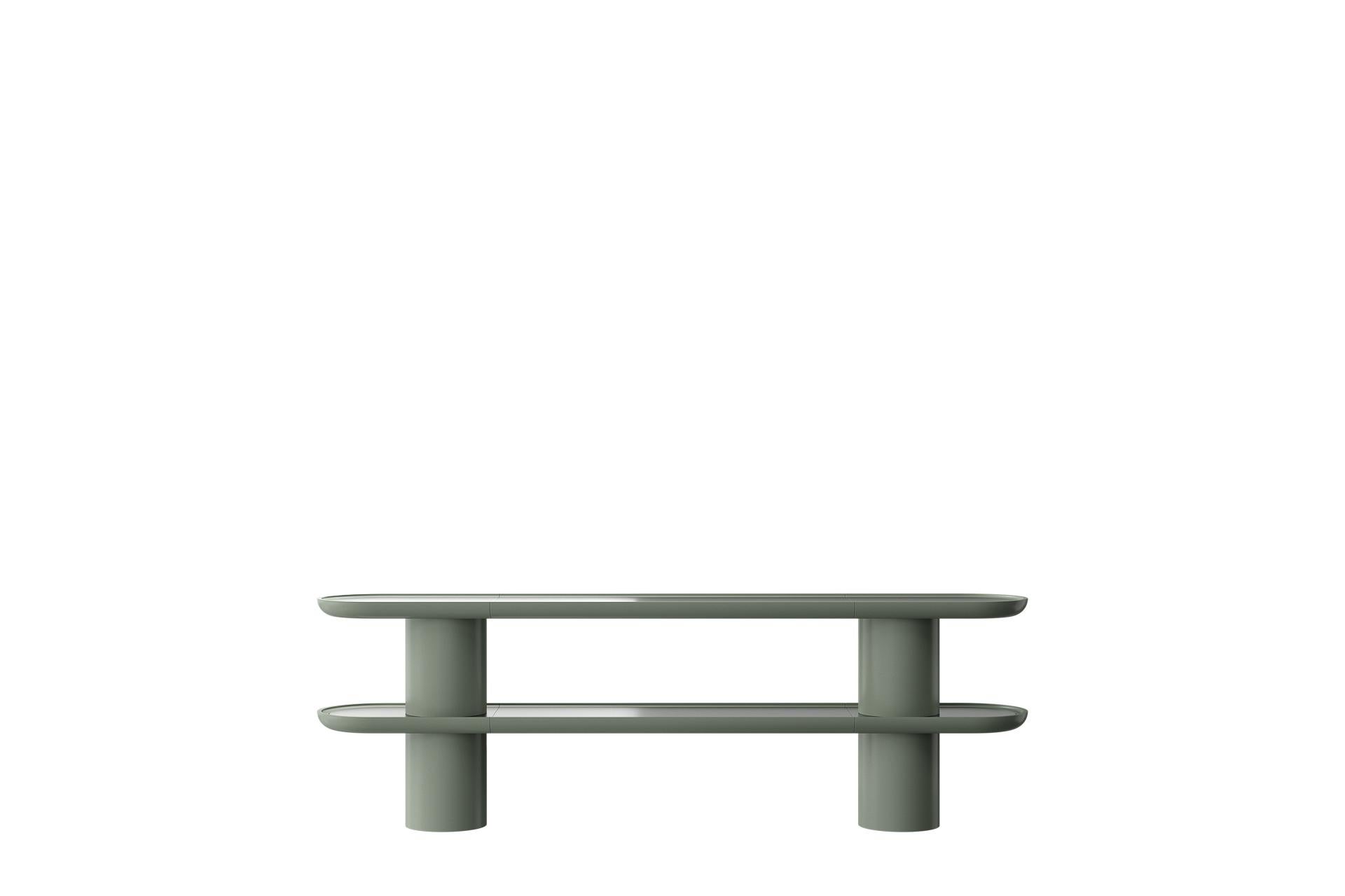 Mina 2, Libreria bassa con 2 ripiani e due colonne di Ultramobili
Dimensioni: L. 150 x P. 42 x H. 86 cm
Materiali: Struttura laccata, legno, ceramica, inserti in acciaio inox. 

Libreria-console bassa con 2 ripiani e due colonne. D/ Finitura laccata