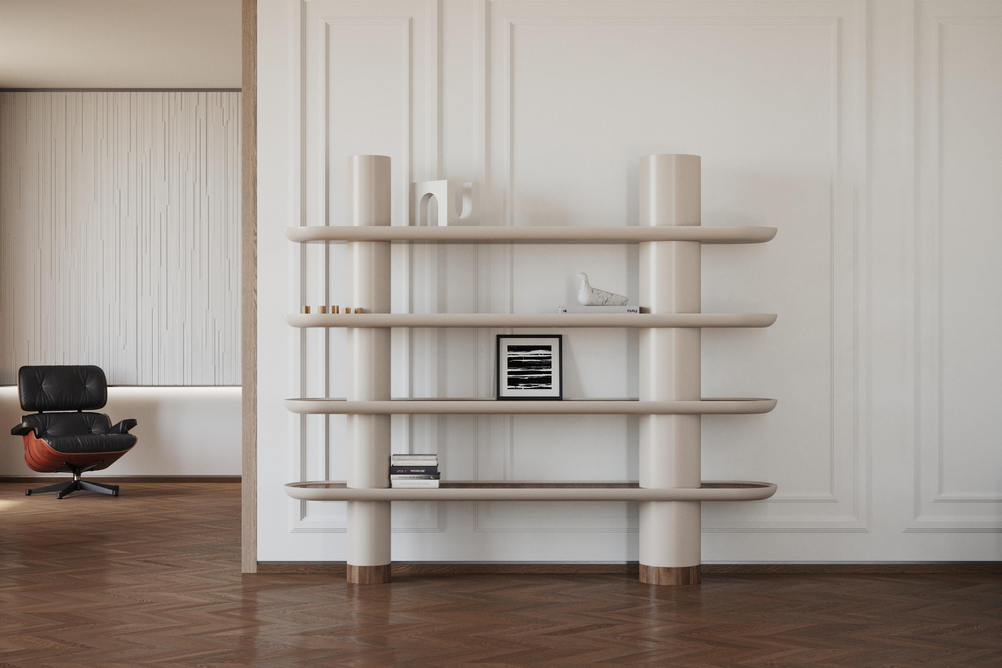 Modular library with 4 shelves and two columns. Lacquered mat stricture with Black Walnut (Noce canaletto) veneer inserts. 
LED lighting, build-in charges as an option.