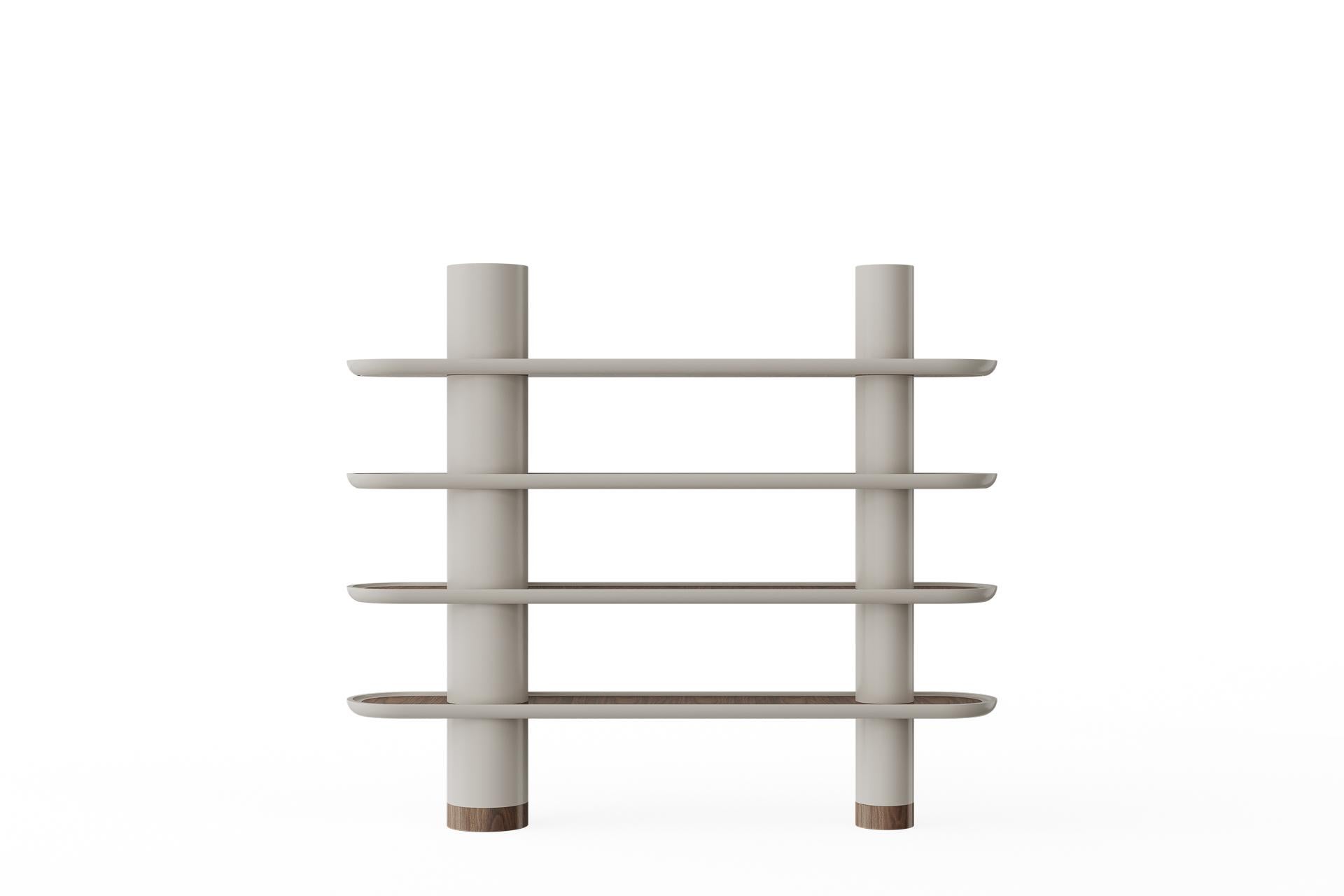 Mina 220, Modular Library with 4 Shelves and Two Columns by Ultramobili
Dimensions:  W 220 x D 42 x H 194 cm
Materials: Lacquered structure, Wooden, Ceramic, Inox inserts. 

Modular library with 60 mm shelves and columns. Lacquered structure,