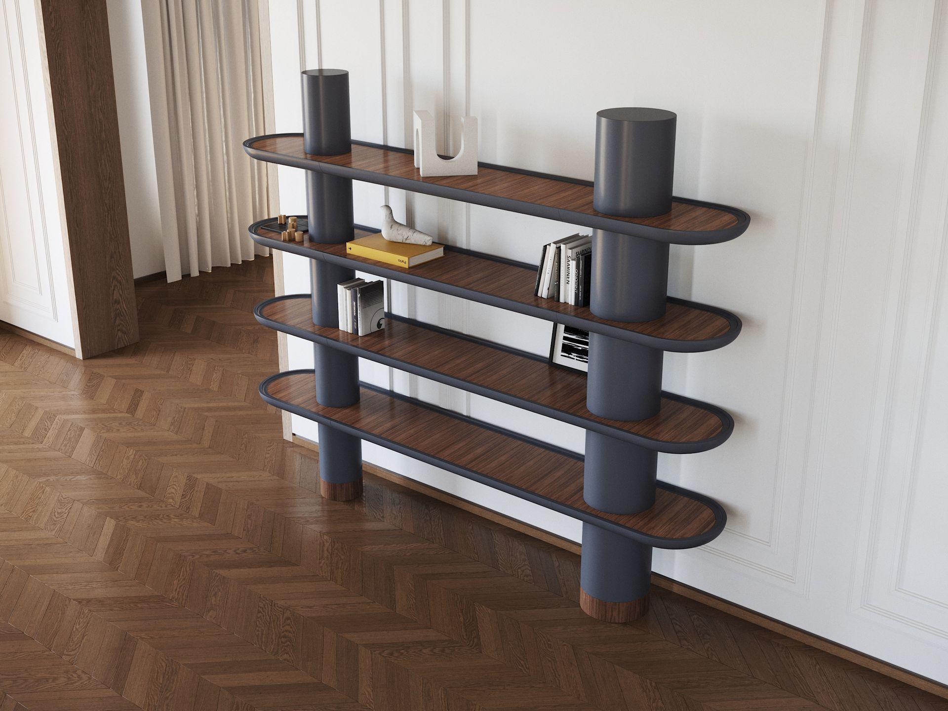 Unmistakably modern in its clean lines and harmonious contrasts, this bookcase makes for a superb addition to living rooms or studies. A deep shade of gray was selected for the lacquered wooden structure, its solid matte coloring standing in elegant