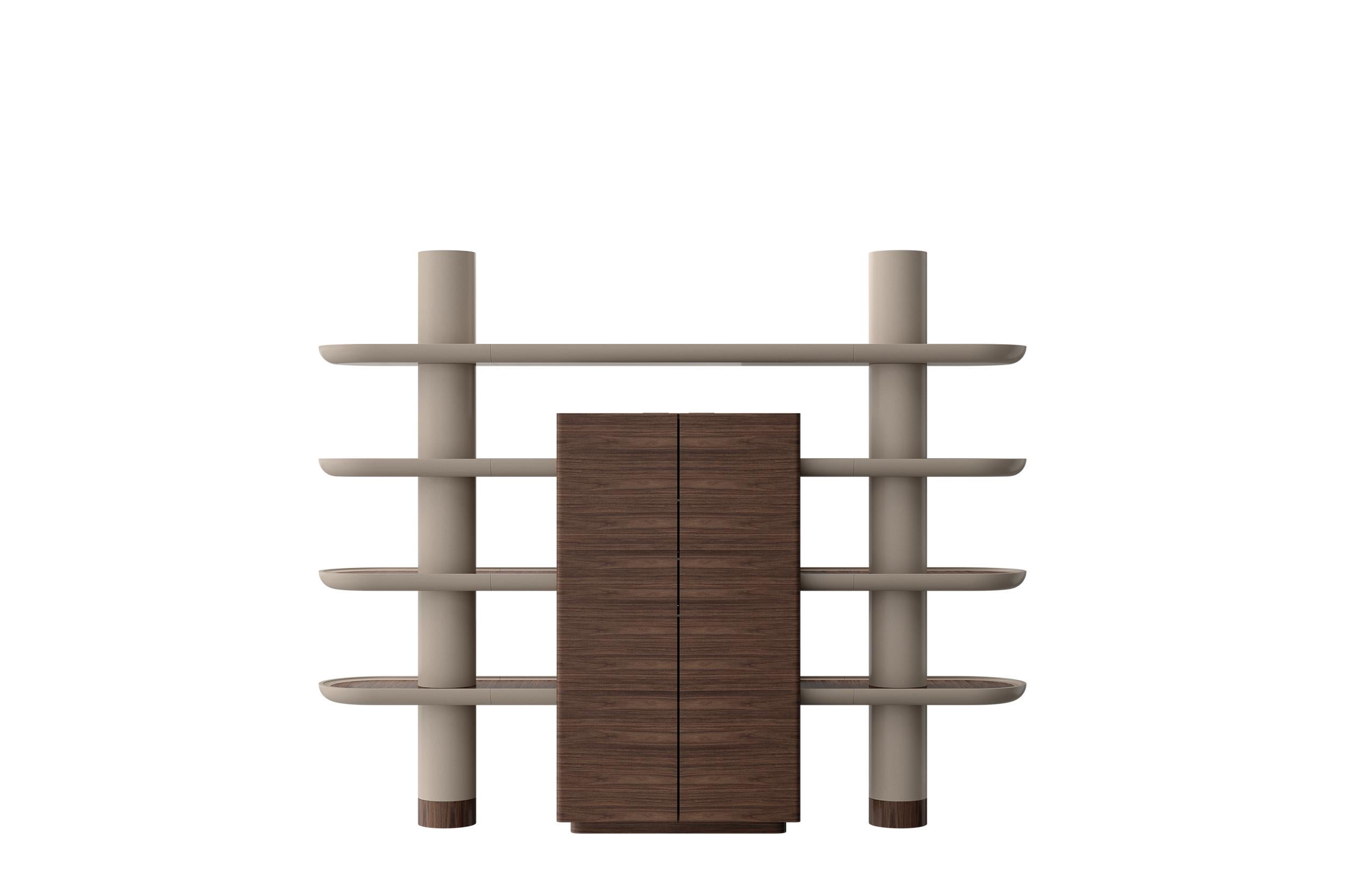 Mina Int 1, Walnut Modular Bookcase Library Wall Units by Ultramobili
Dimensions:  W 240 x D 47.5 x H 194 cm
Materials: Walnut Canaletto.

Modular composition of bookcase with integrated storage unit in Walnut Canaletto (Noce Canaletto). Two-doors