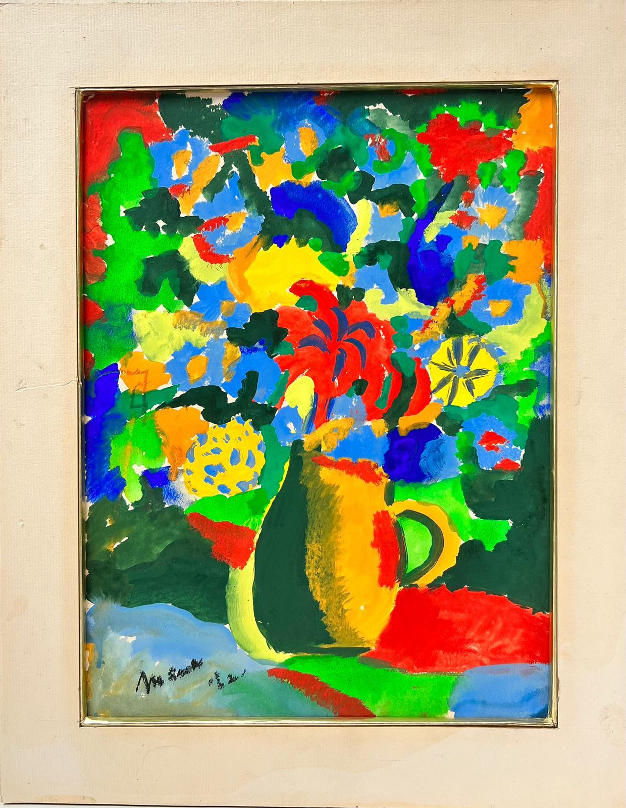 Französische farbenfrohe Stillleben-Blumen in Krug, signiert, Originalgemälde – Painting von Mina Loopuyt