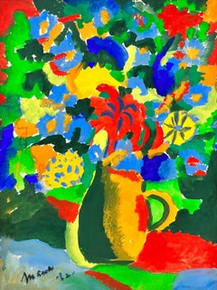 Französische farbenfrohe Stillleben-Blumen in Krug, signiert, Originalgemälde