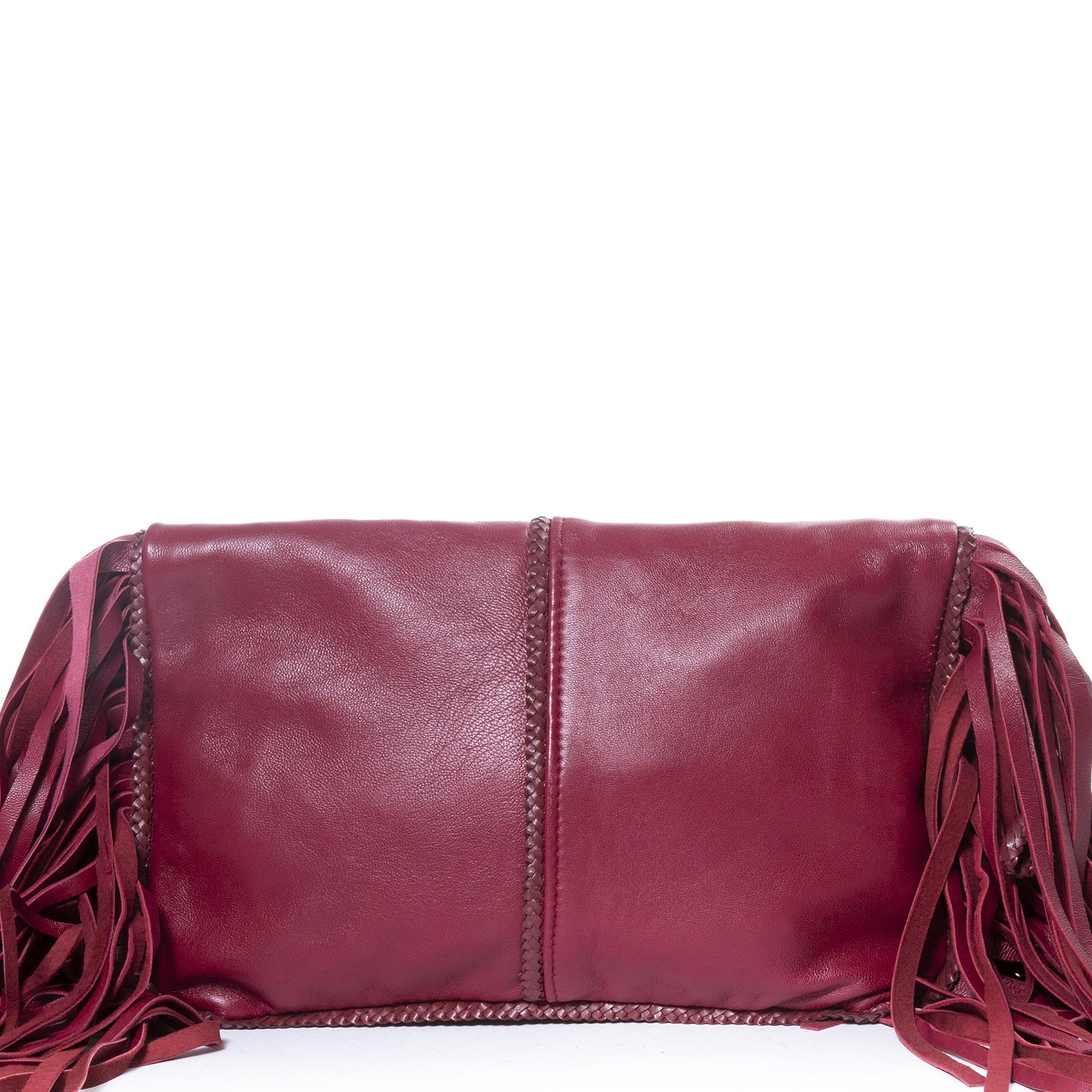 Brown Mina Vatter Red Leather Fringe Clutch For Sale