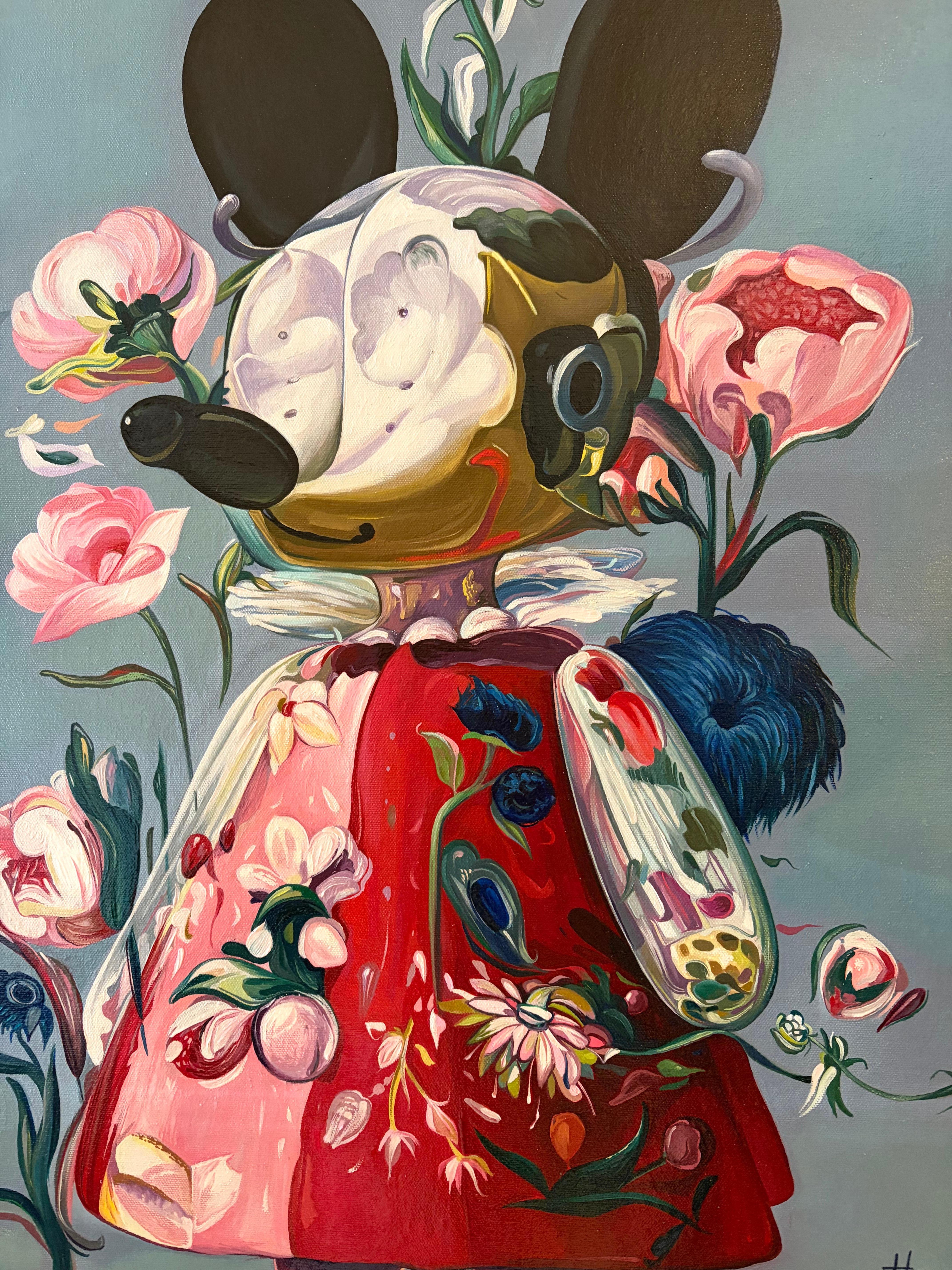 Floral Mickey, zeitgenössische Kunst der Blumen. – Painting von Minas Halaj 