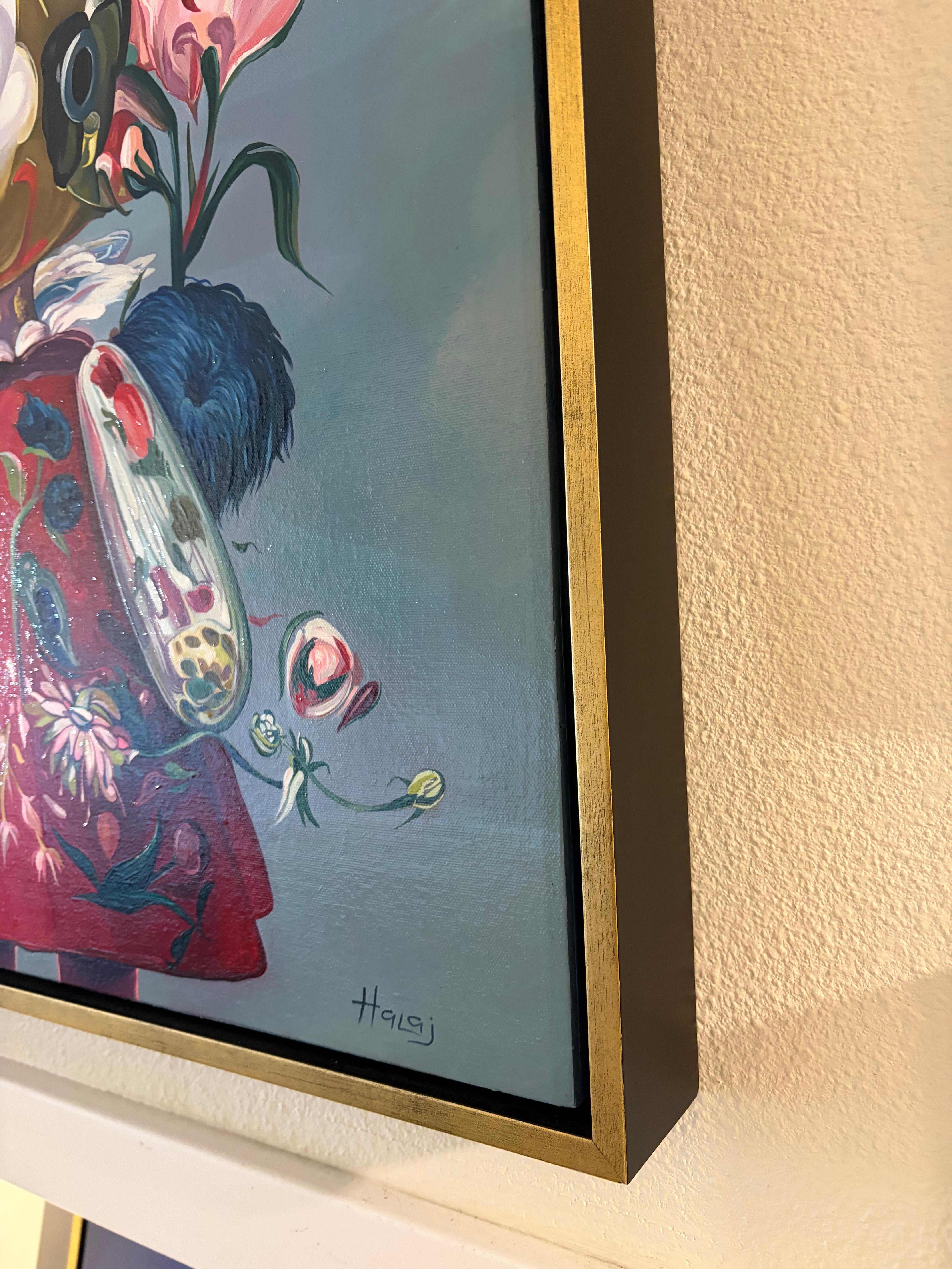 Floral Mickey, zeitgenössische Kunst der Blumen. (Grau), Figurative Painting, von Minas Halaj 