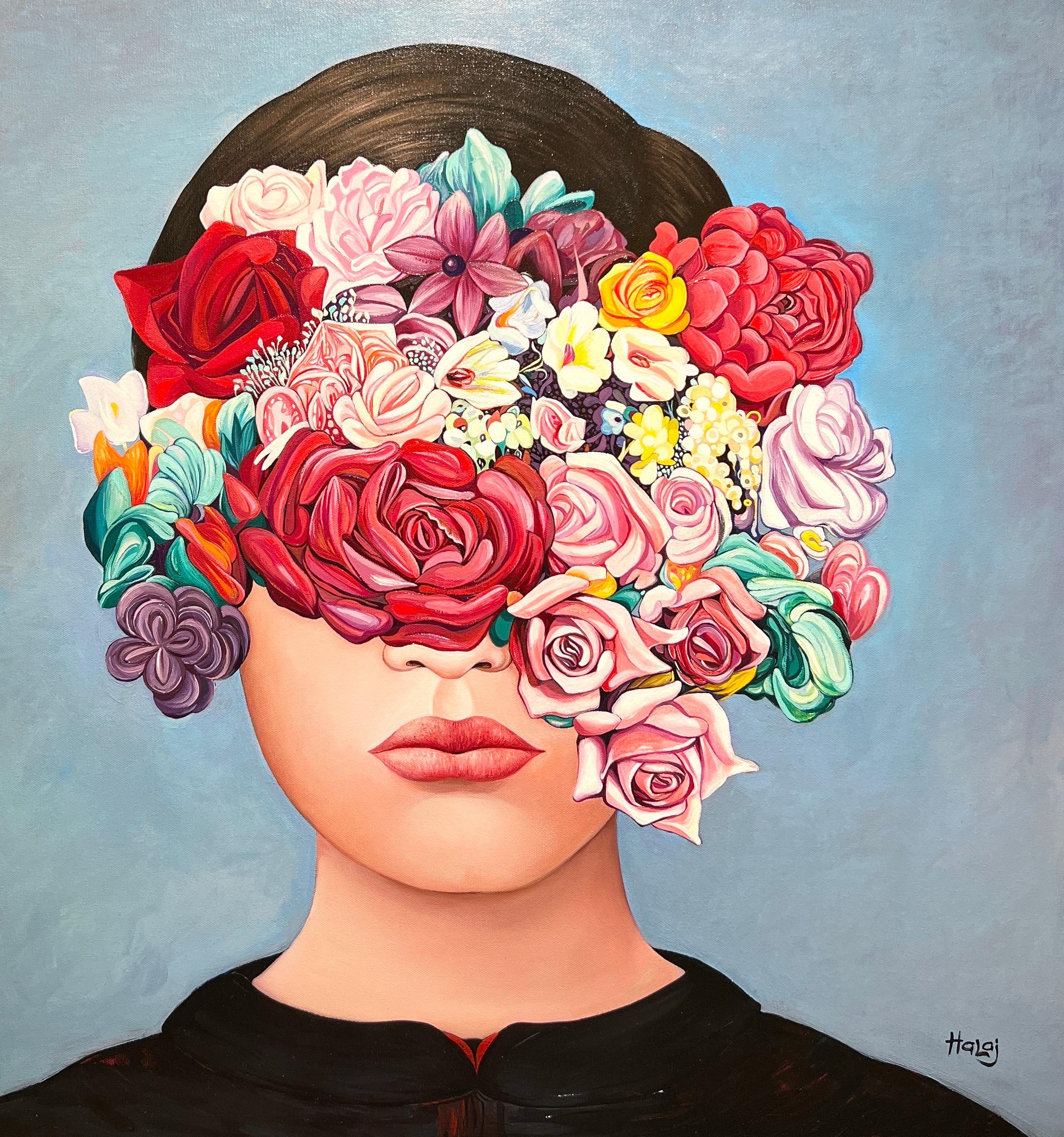 Floral Portrait, Counterparty Floral, Counterparty Flowers, Mina Halaj. - Painting by Minas Halaj 
