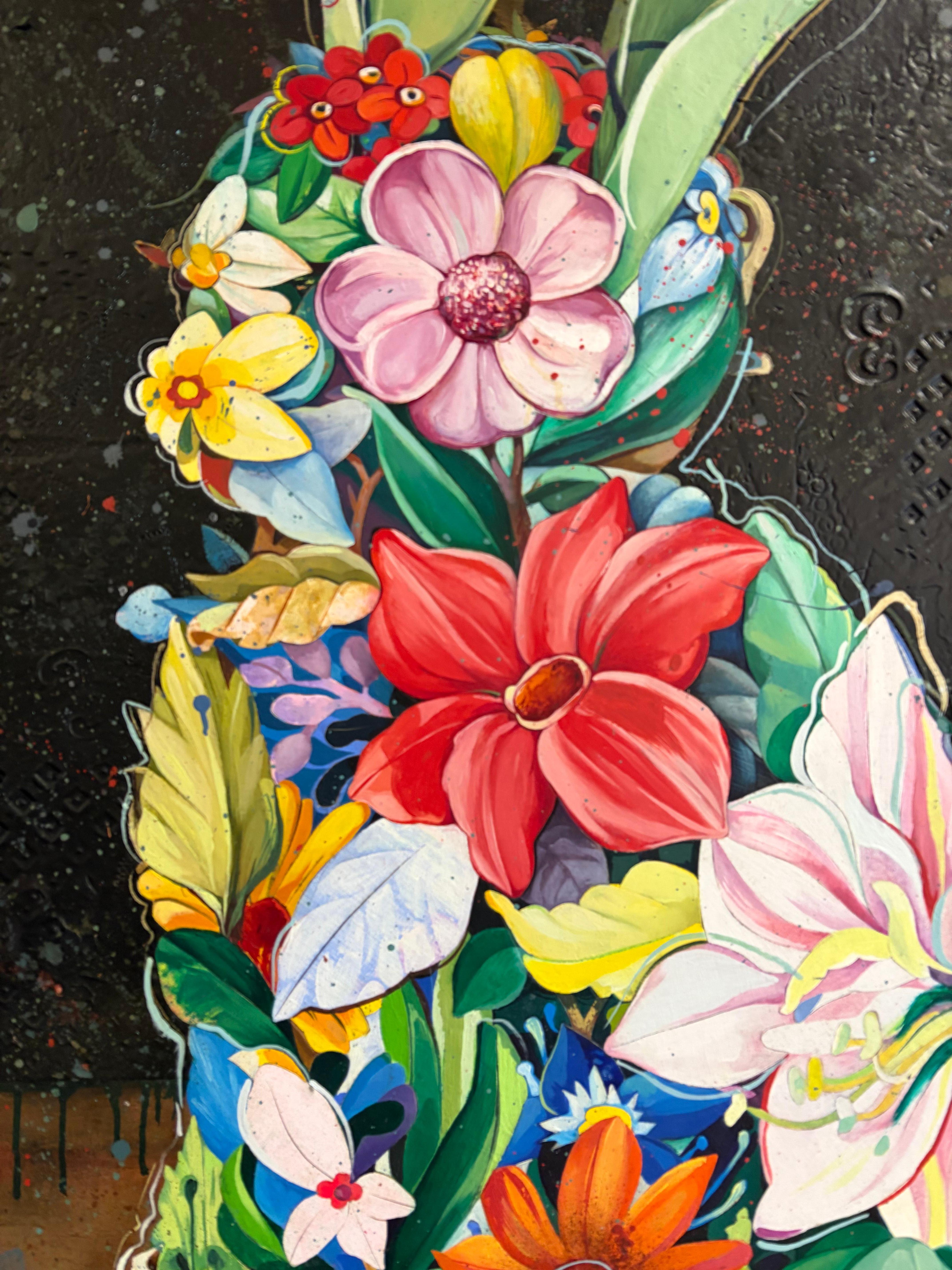 Kaninchen, florales Kaninchen, zeitgenössisches Kaninchen Ölgemälde. – Painting von Minas Halaj 