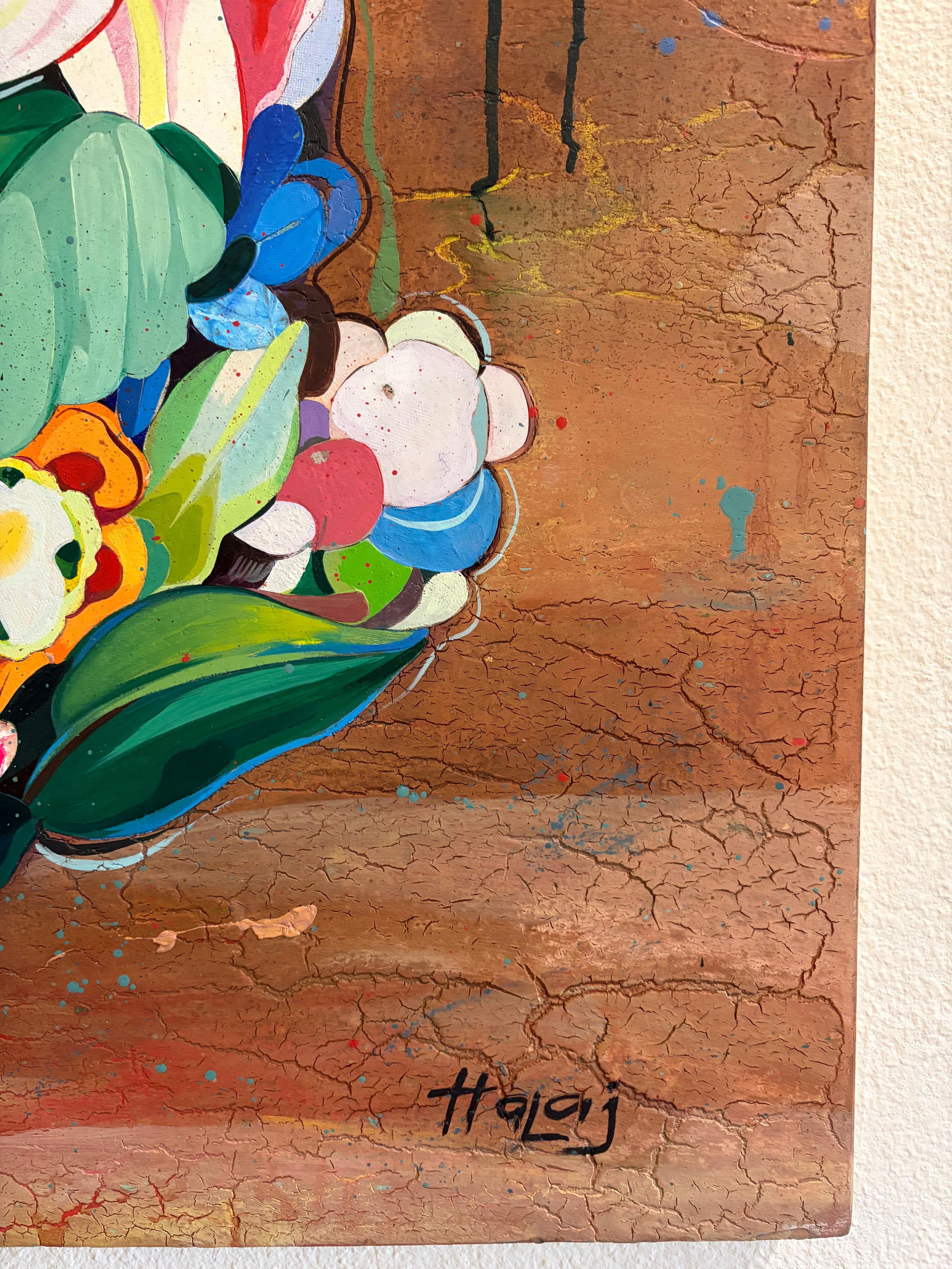 Kaninchen, florales Kaninchen, zeitgenössisches Kaninchen Ölgemälde. (Schwarz), Animal Painting, von Minas Halaj 