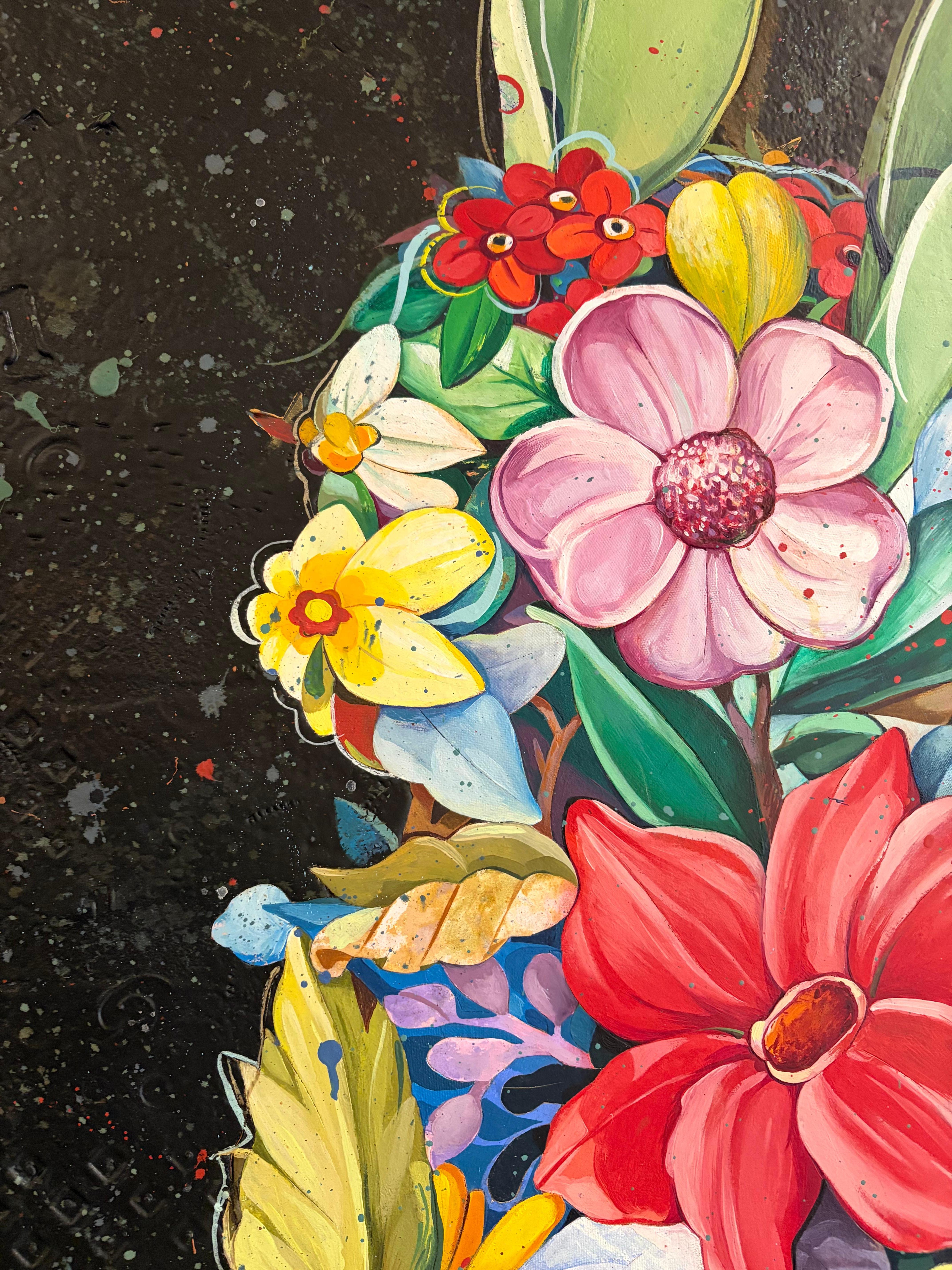 Kaninchen, florales Kaninchen, zeitgenössisches Kaninchen Ölgemälde. im Angebot 2