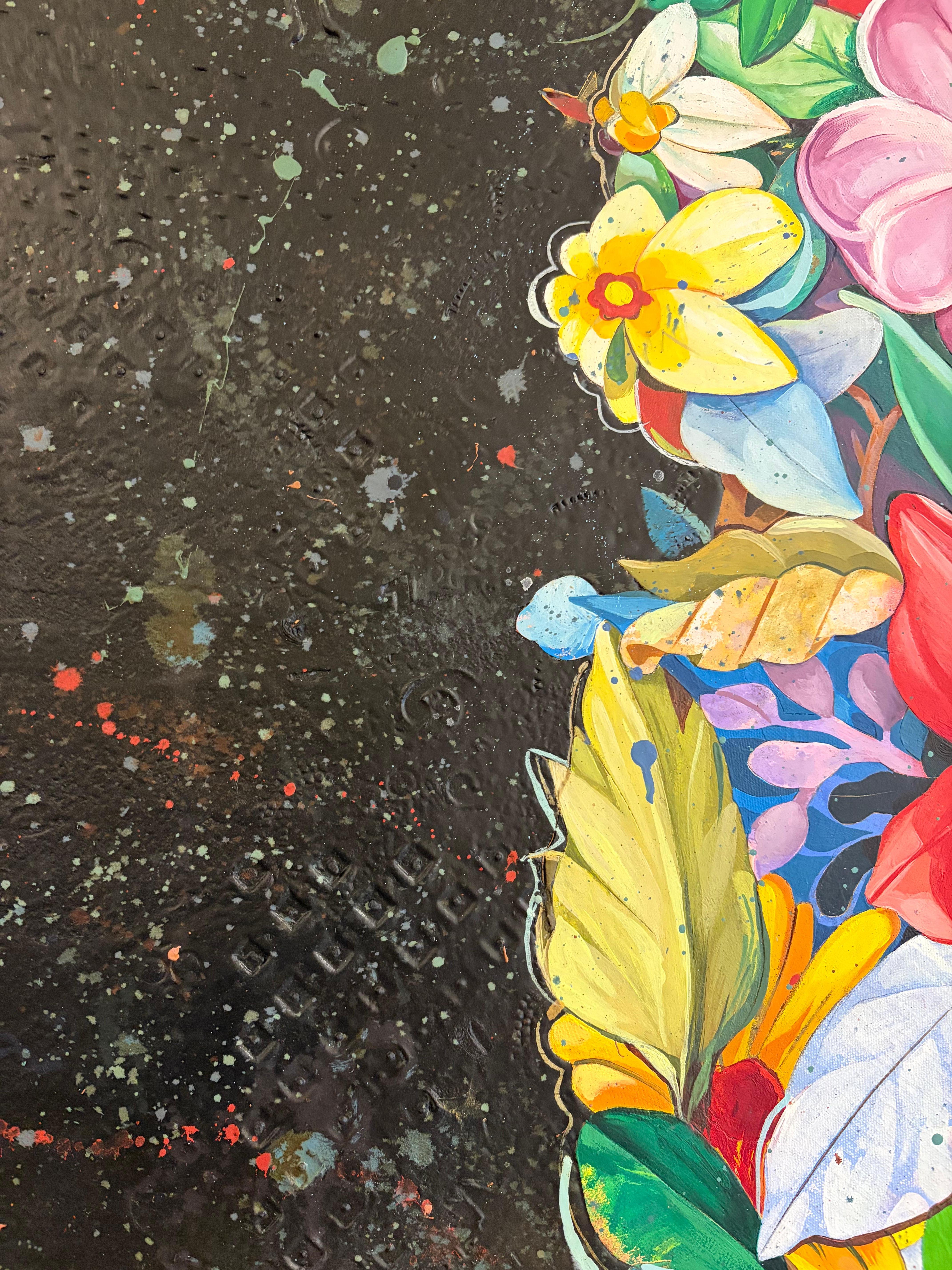 Kaninchen, florales Kaninchen, zeitgenössisches Kaninchen Ölgemälde. im Angebot 3