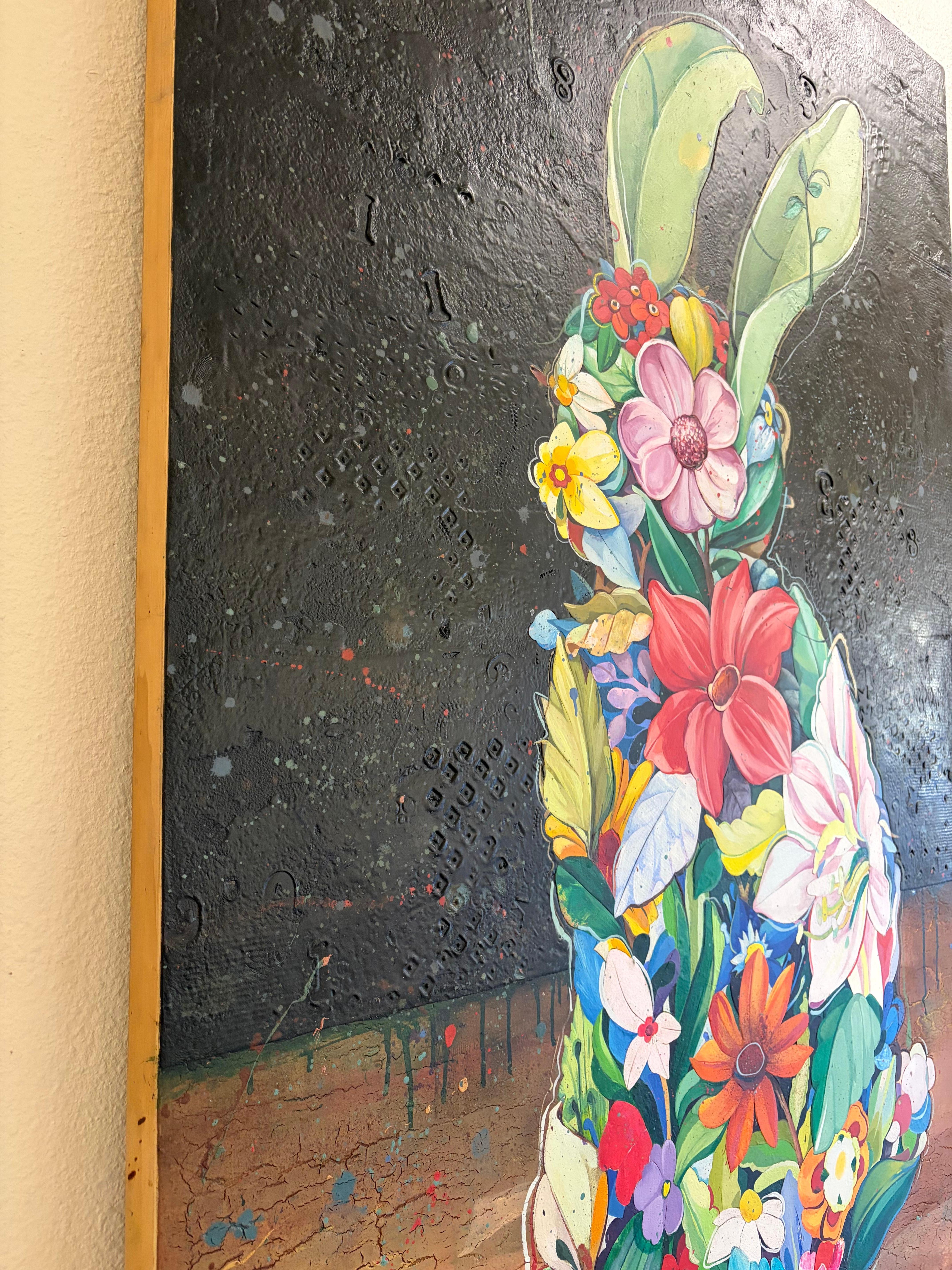 Kaninchen, florales Kaninchen, zeitgenössisches Kaninchen Ölgemälde. im Angebot 4