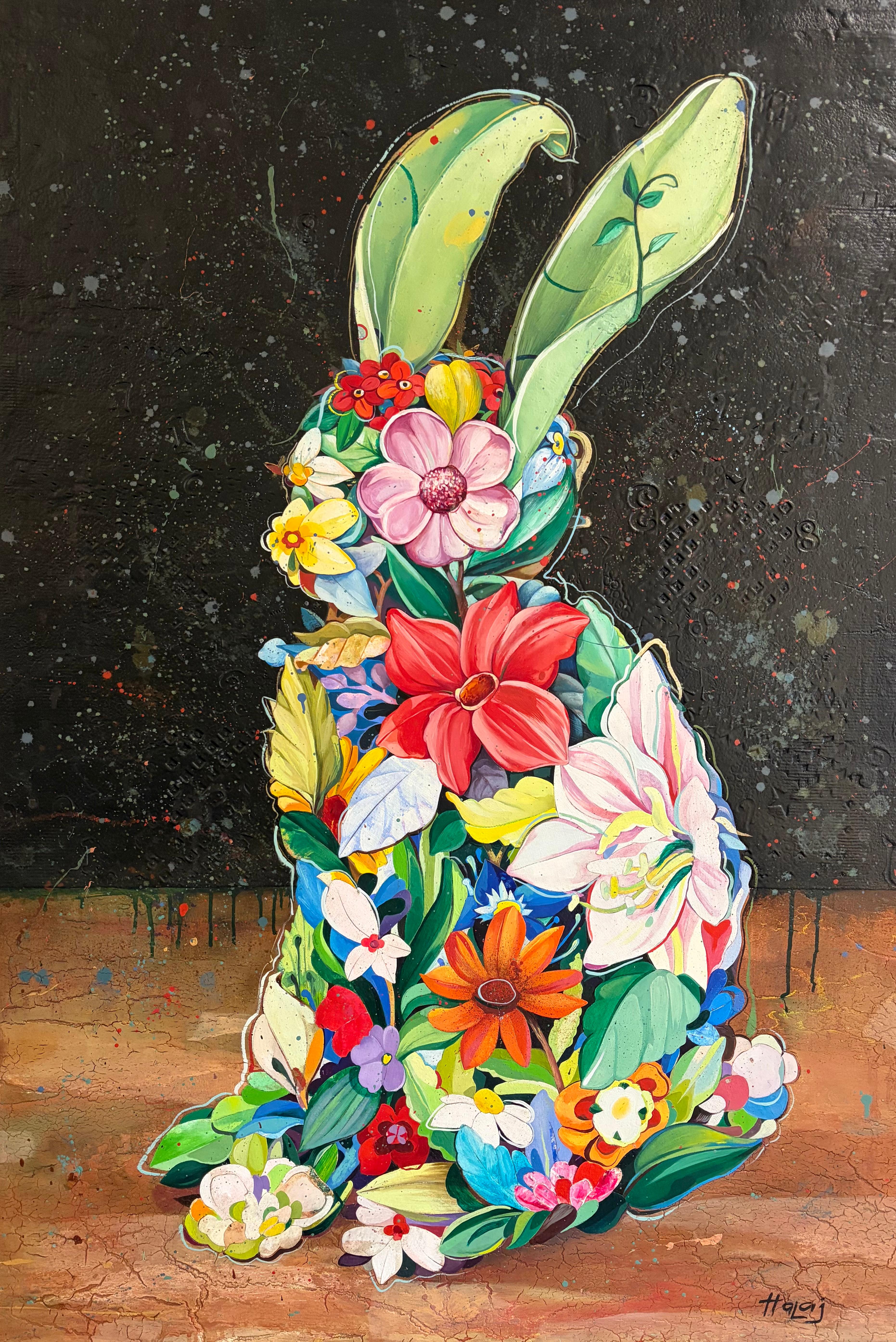 Kaninchen, florales Kaninchen, zeitgenössisches Kaninchen Ölgemälde.