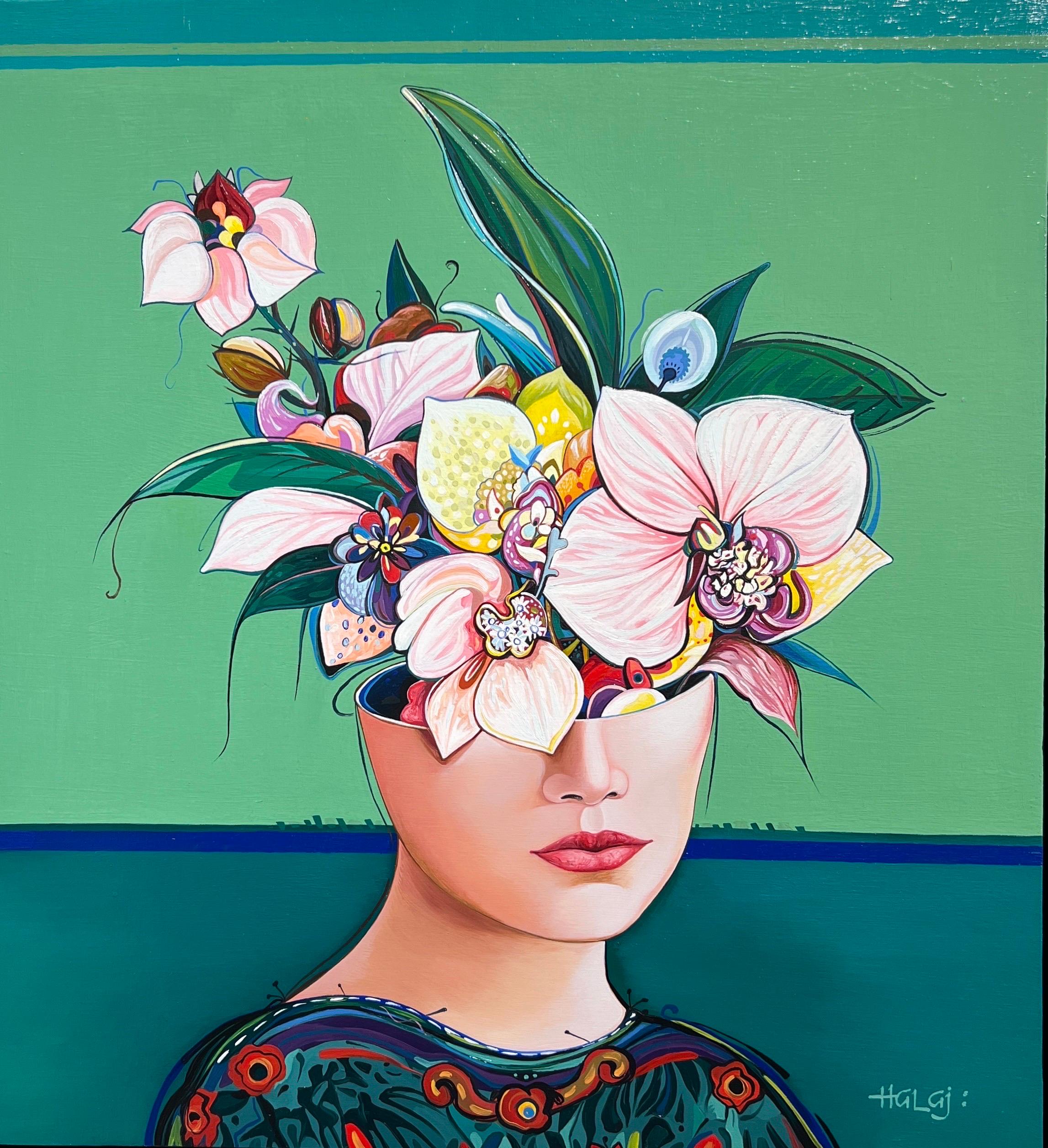 Minas Halaj  Figurative Painting - Symbolist Floral Portrait, Contemporary look portrait of flowers.