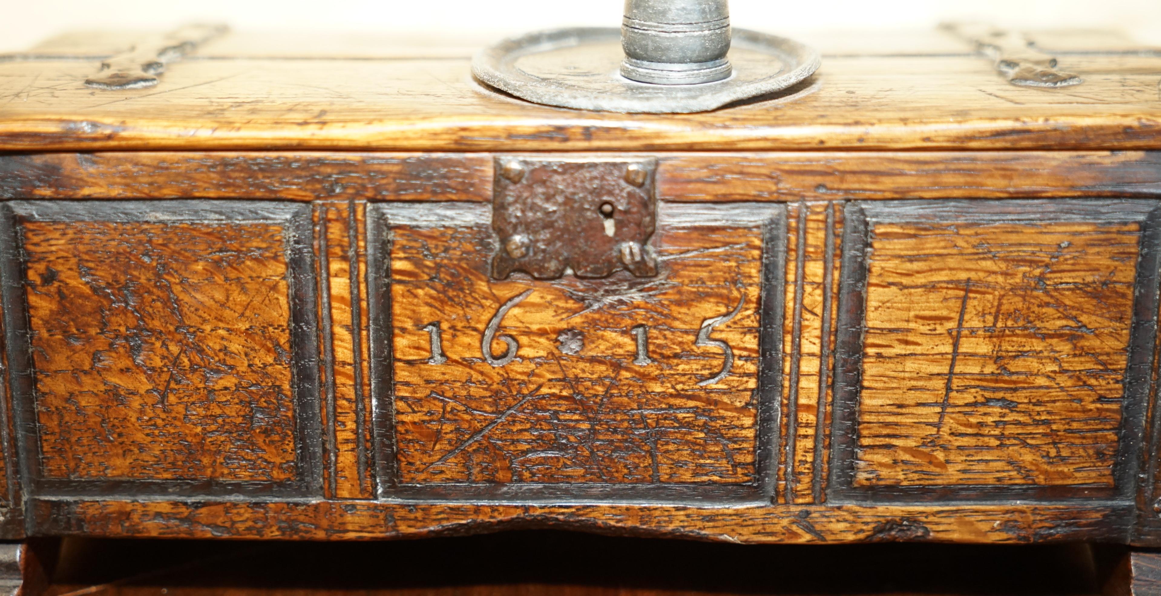 Wood MINATURE 1615 DATED CARVED COFFER SIX PLANK CHEST DOLLS HOUSE ANTiQUE FURNITURE