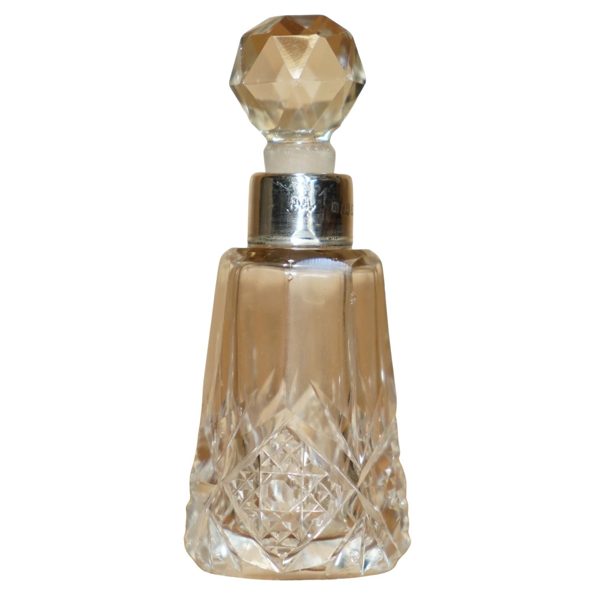 MINATURE 1929 ANTIQUE PERFUME BOTTLE FLASK CUT GLASS CRYSTAL STERLiNG SILVER