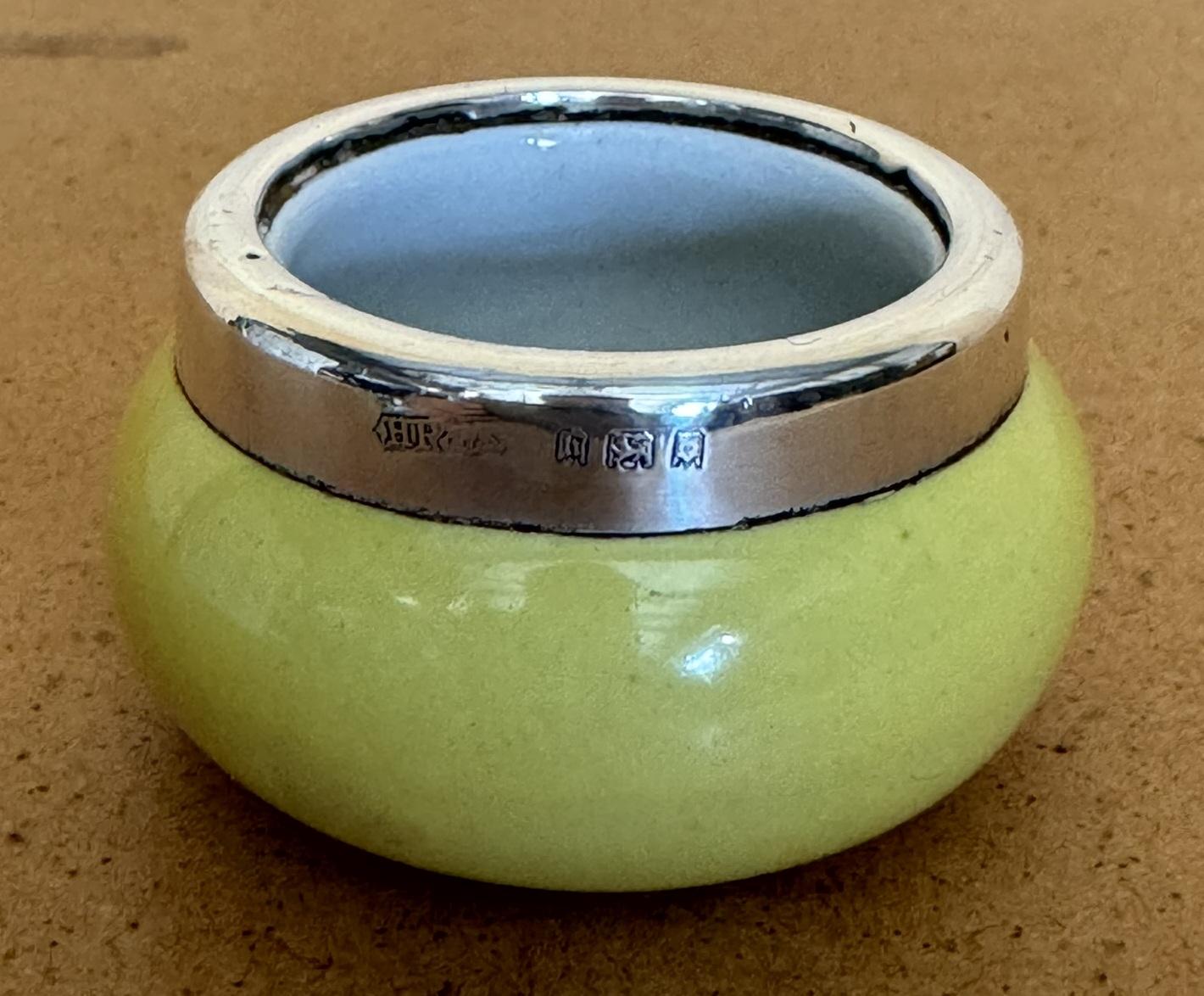 Argento 925 MINATURA HENRY PERKINS & SONS ANTIQUE PORCELAIN TRINKET POT STERLING SiLVER TRIM in vendita
