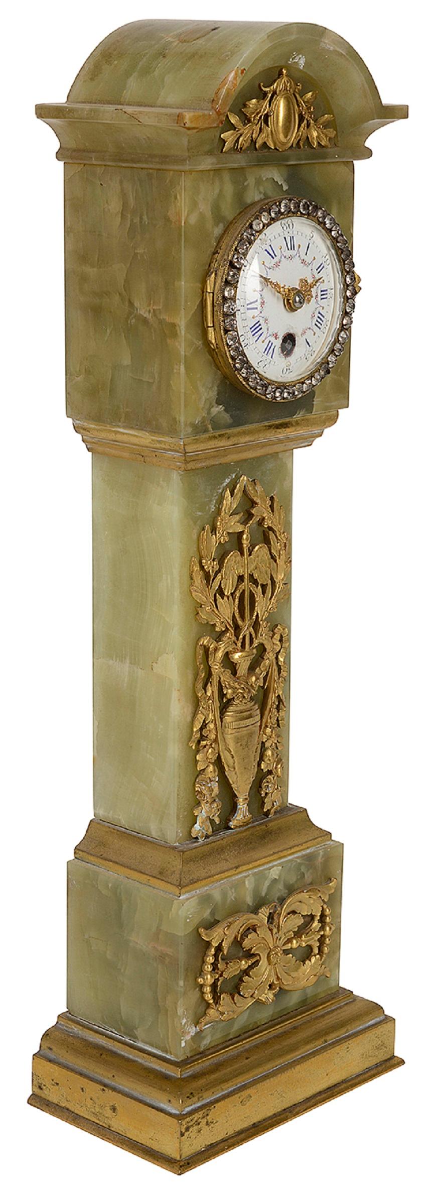 Minature Onyx + Ormolu Table/Mantel Clock, Late 19th Century In Good Condition For Sale In Brighton, Sussex