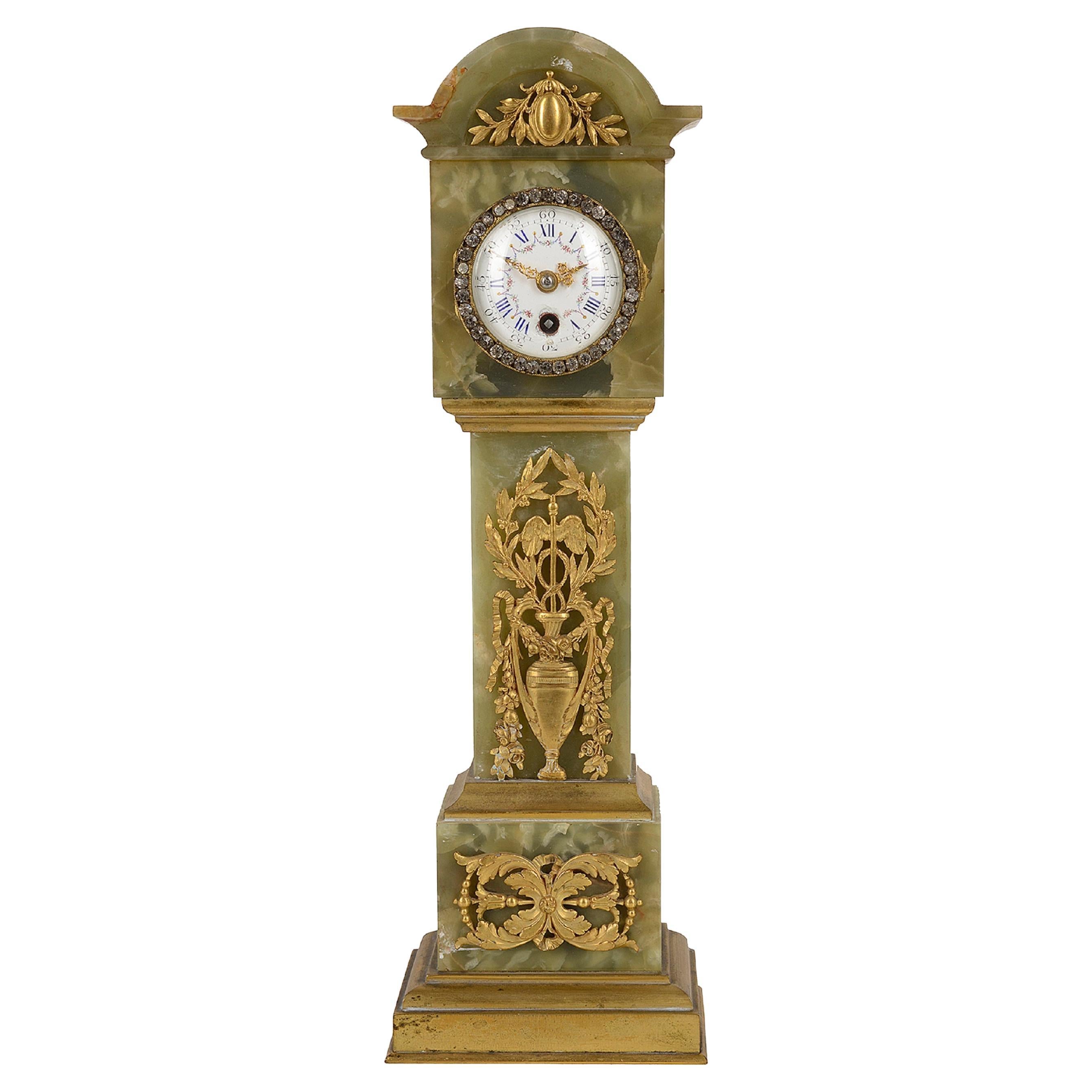 Minature Onyx + Ormolu Table/Mantel Clock, Late 19th Century For Sale