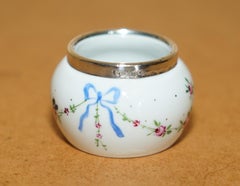 MINATURE ROBERT PRINGLE ANTIQUE PORCELAIN TRINKET POT WiTH STERLING SILVER TRIM