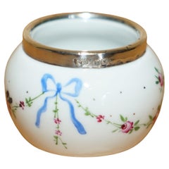 MINATURE ROBERT PRINGLE ANTIQUE PORCELAIN TRINKET POT WiTH STERLING SILVER TRIM