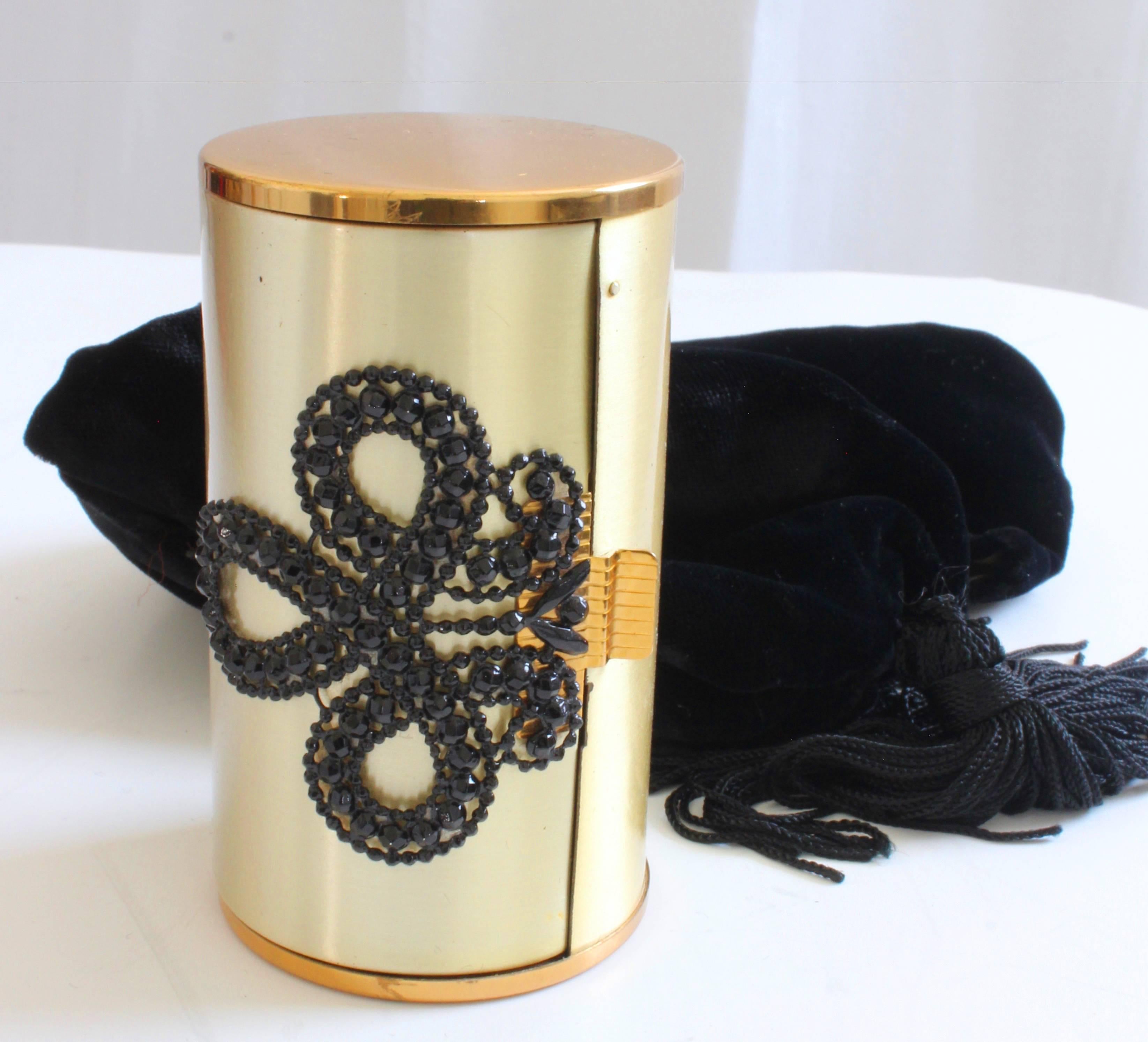 Minaudière Gold Metal Make Up Clutch + Comb Black Evening Pouch by Wadsworth 60s 1