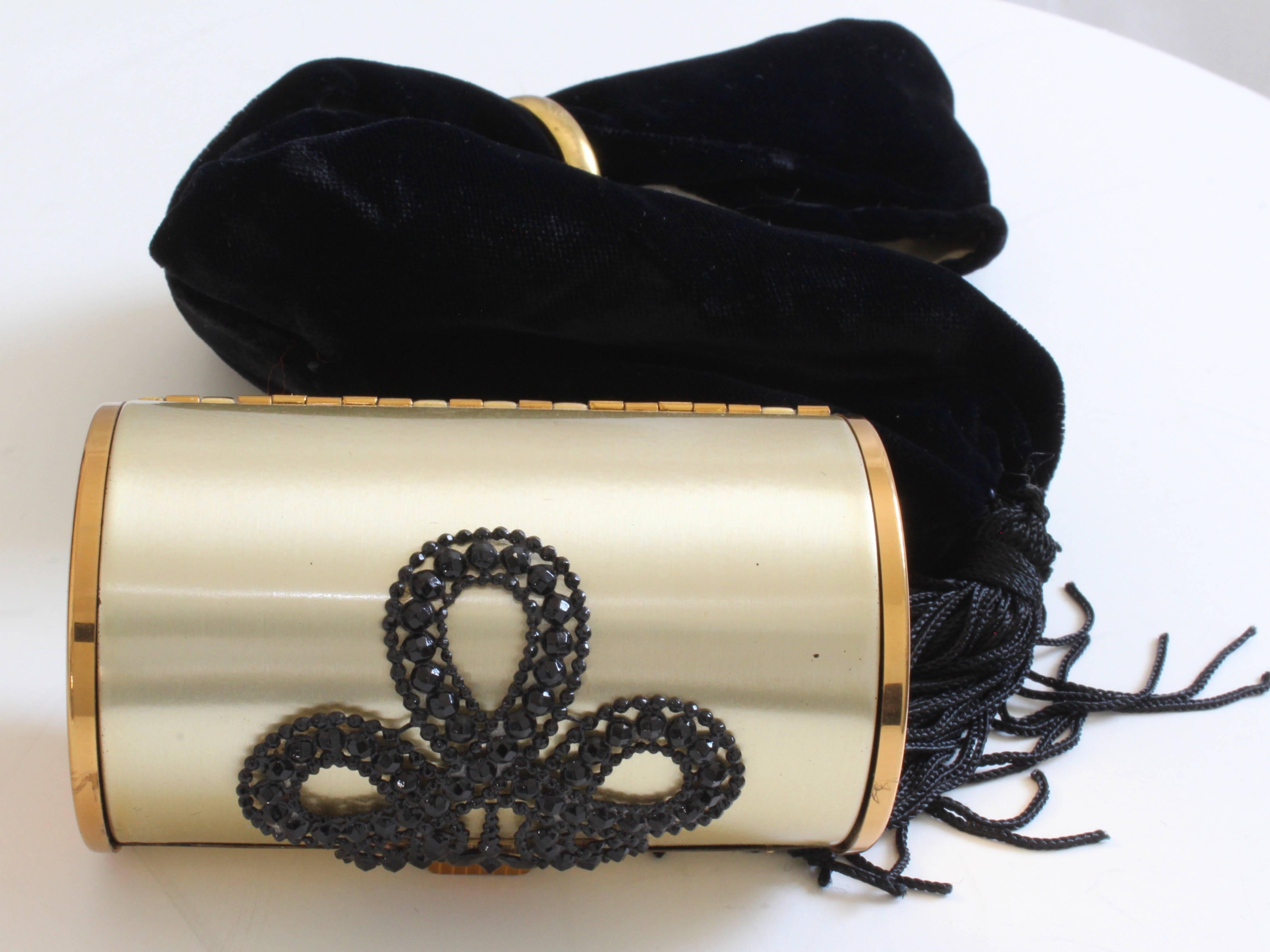 Minaudière Gold Metal Make Up Clutch + Comb Black Evening Pouch by Wadsworth 60s 2