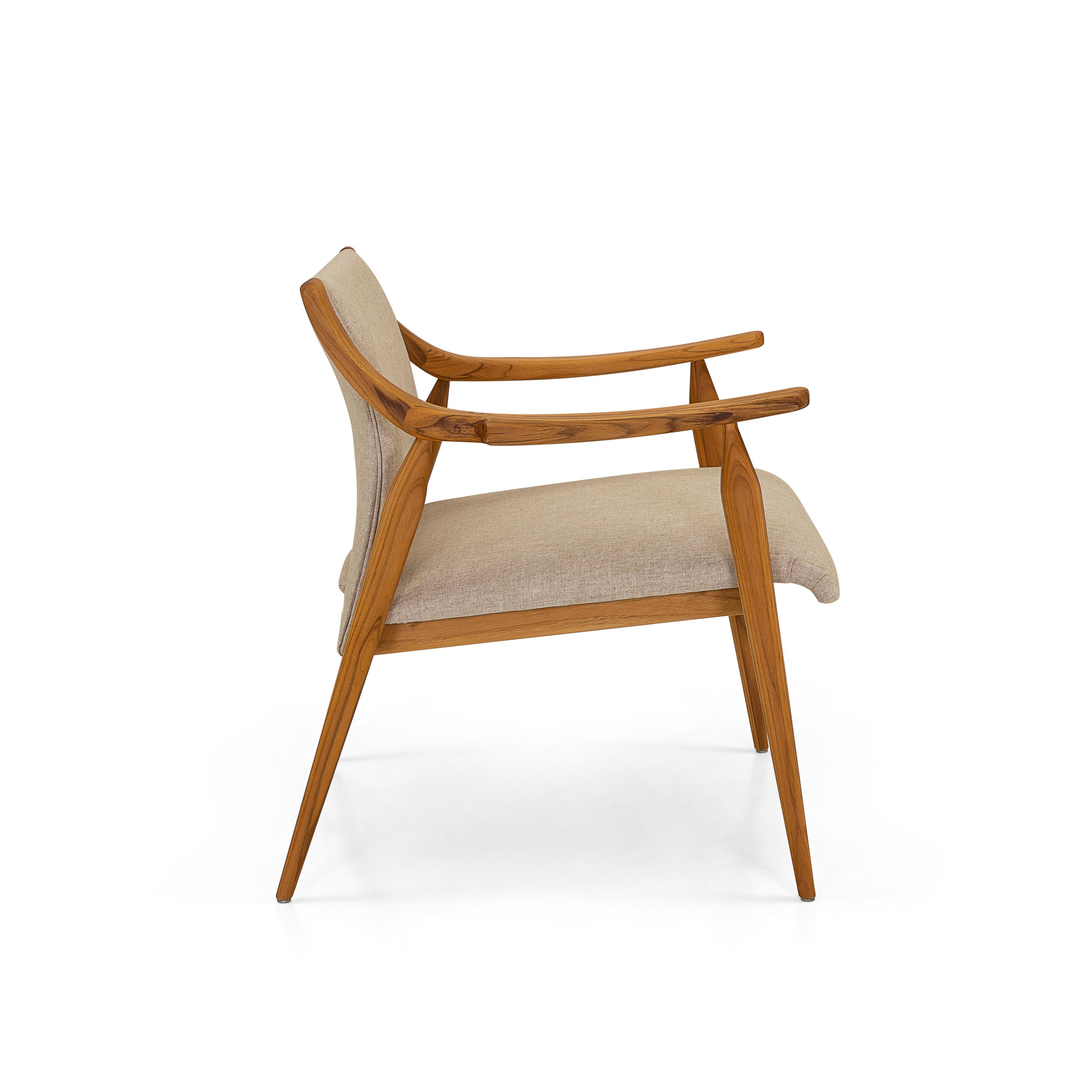 The Mince armchair is a welcoming addition to any room in your modern home decor with its teak finish curved arms and spindle legs and brown beautiful and soft fabric for the cushions. This modern chair has a clean Minimalist simple design without