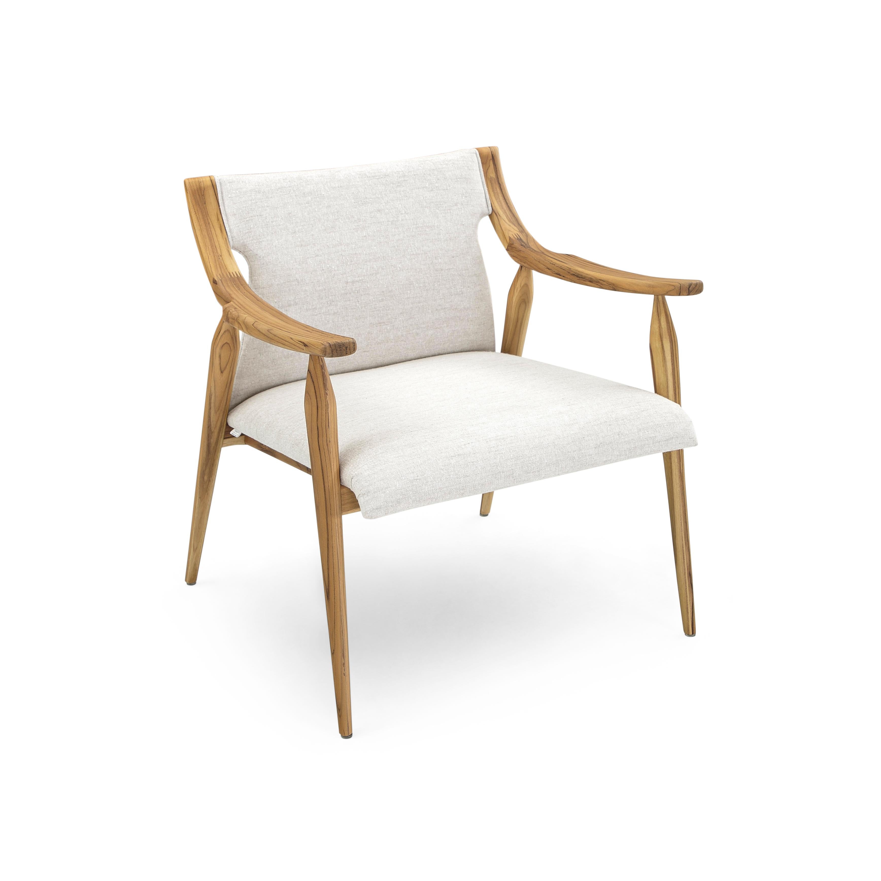 Contemporary Mince Armchair Featuring Curved Arms and Spindle Legs in Teak Wood Finish For Sale