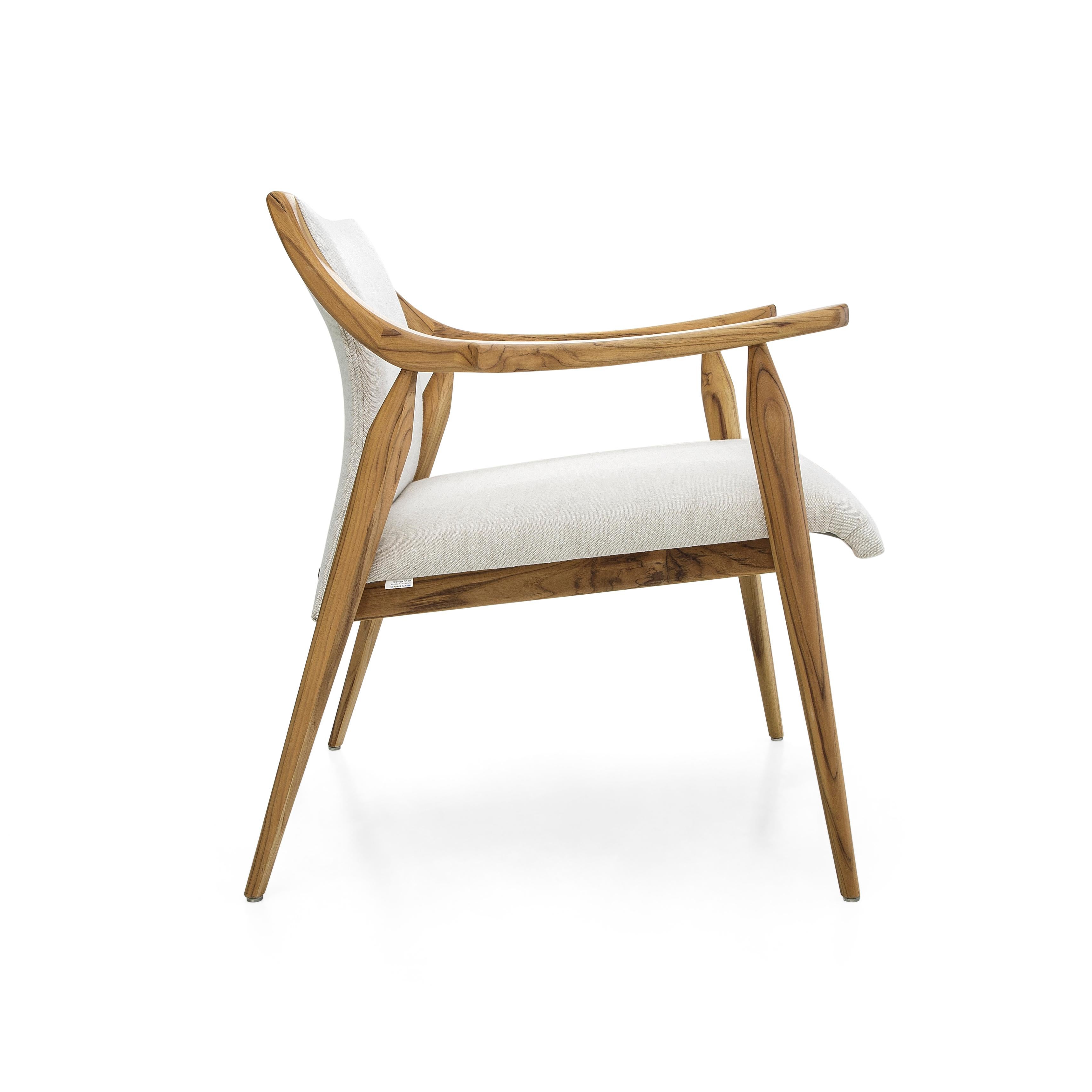 Upholstery Mince Armchair Featuring Curved Arms and Spindle Legs in Teak Wood Finish For Sale