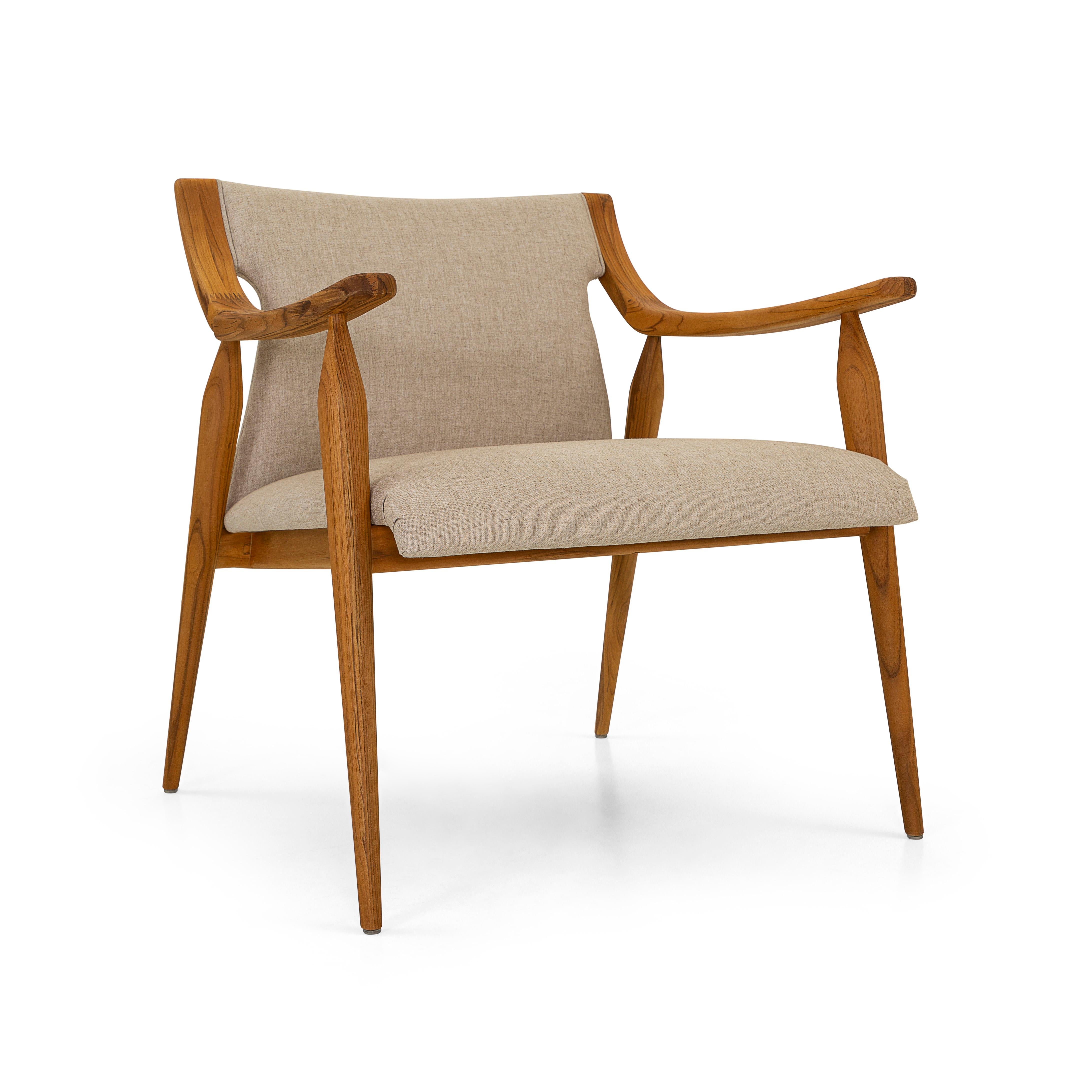 Fabric Mince Armchair Featuring Curved Arms and Spindle Legs in Teak Wood Finish For Sale