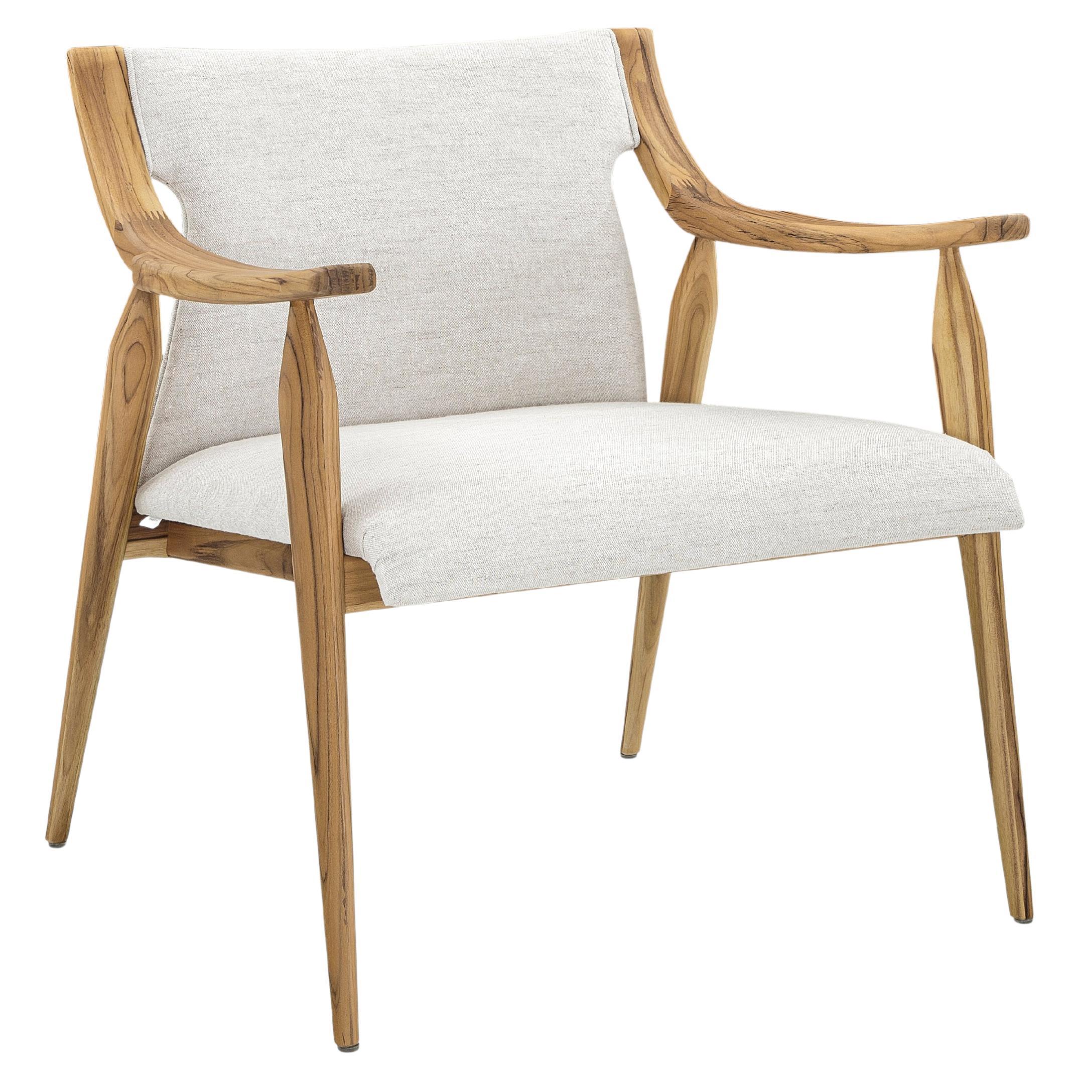 Mince Armchair Featuring Curved Arms and Spindle Legs in Teak Wood Finish For Sale