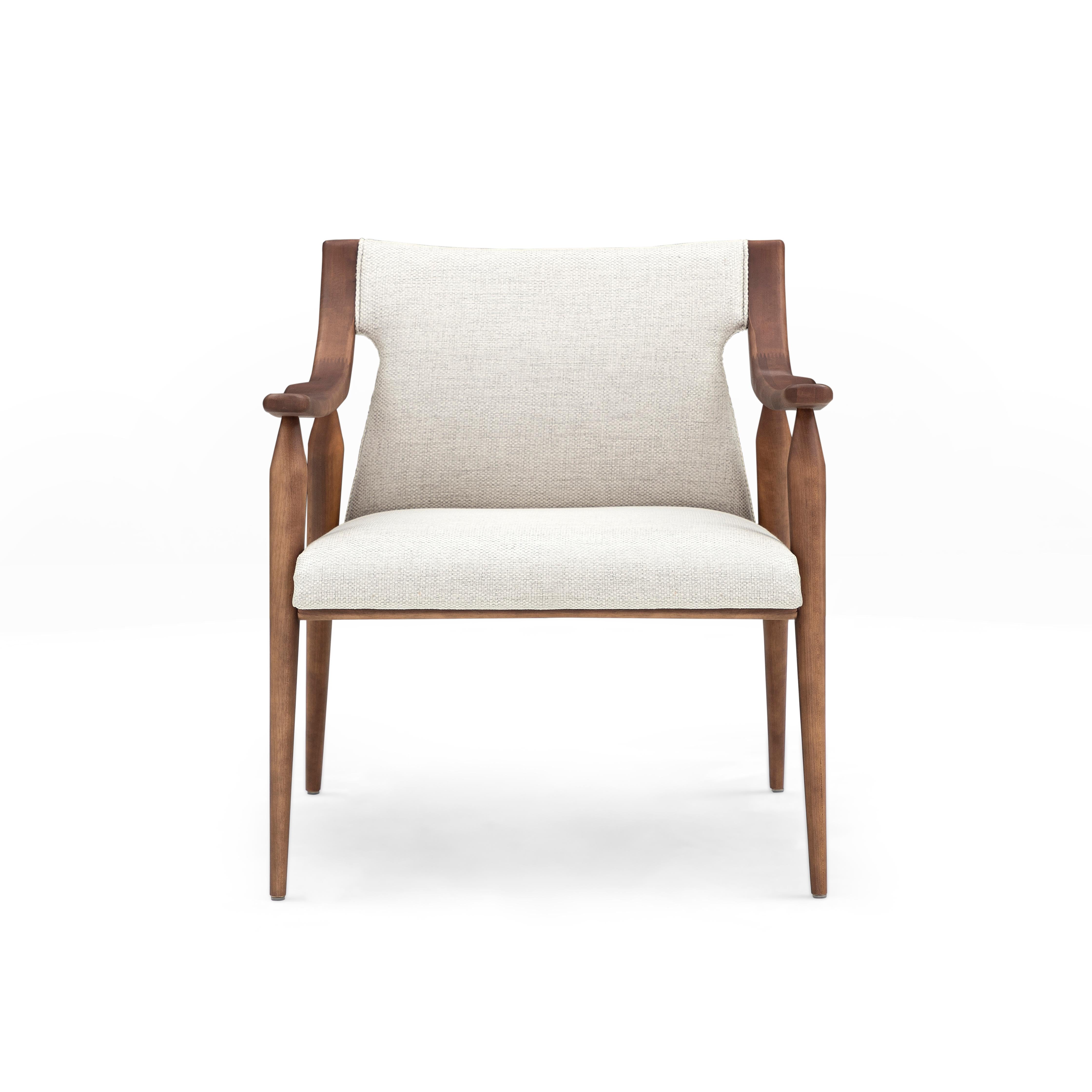 Upholstery Mince Armchair Featuring Curved Arms and Spindle Legs in Walnut Wood Finish