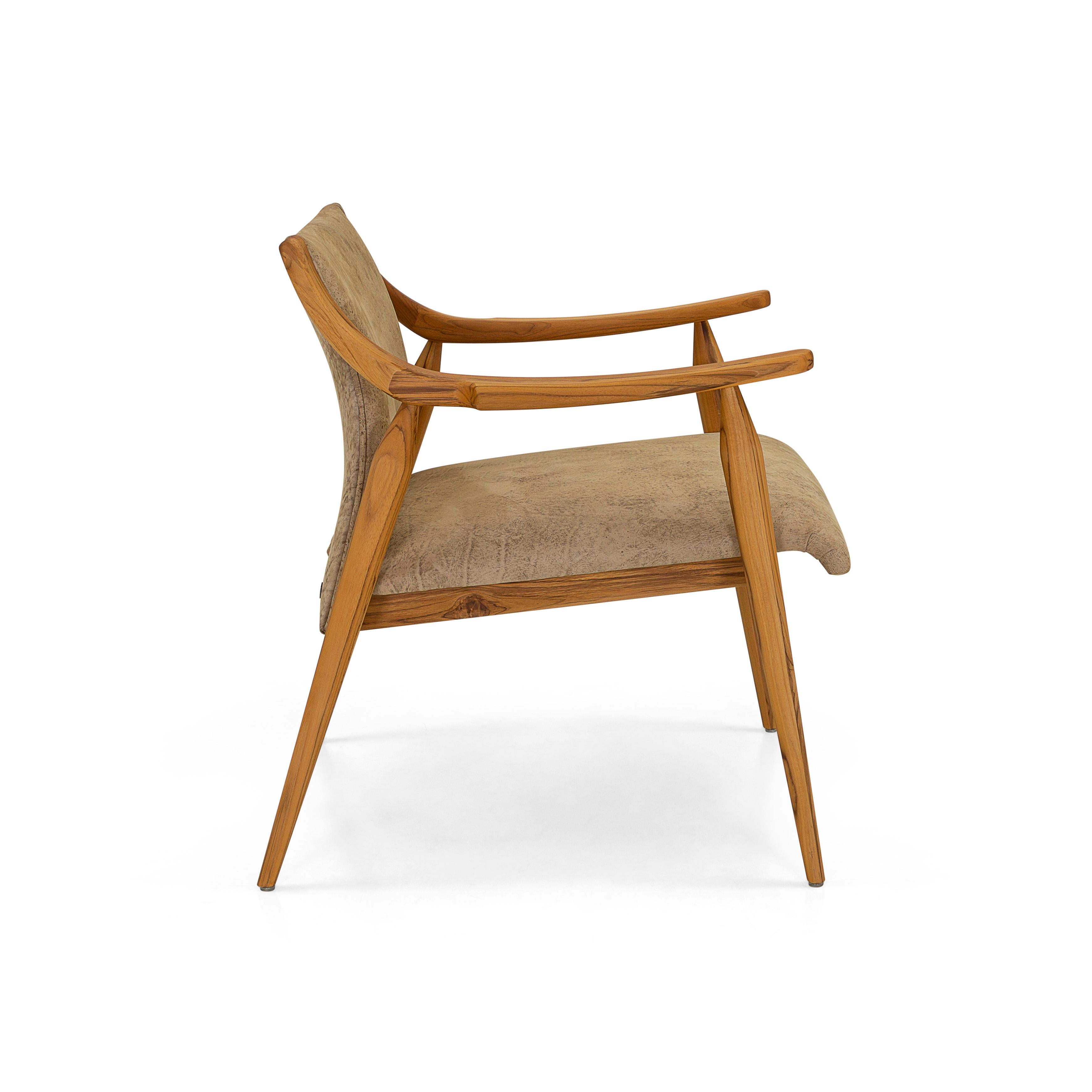 Teakholz-Sessel mit geschwungenen Armlehnen und braunem Leder, Kollektion Mince (Moderne) im Angebot