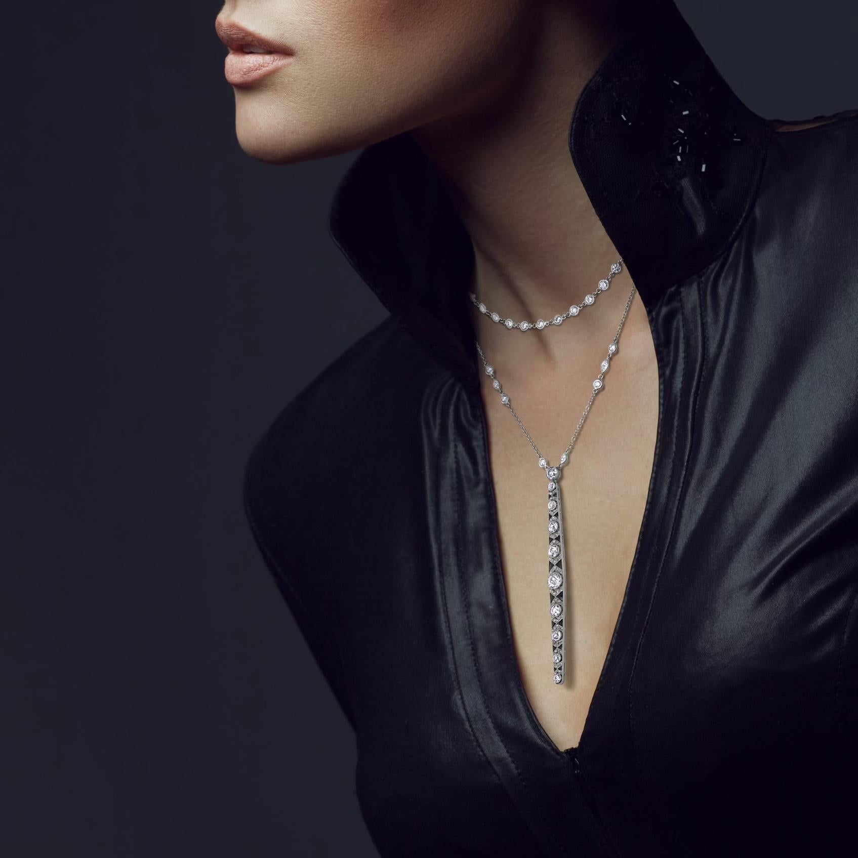 Derived from the Art Deco period. This diamond onyx necklace is one of a kind & part of the MMNY Reconceived collection. An original high diamond carat weight bar pin has been updated for contemporary wear with the craftsmanship & integrity of the