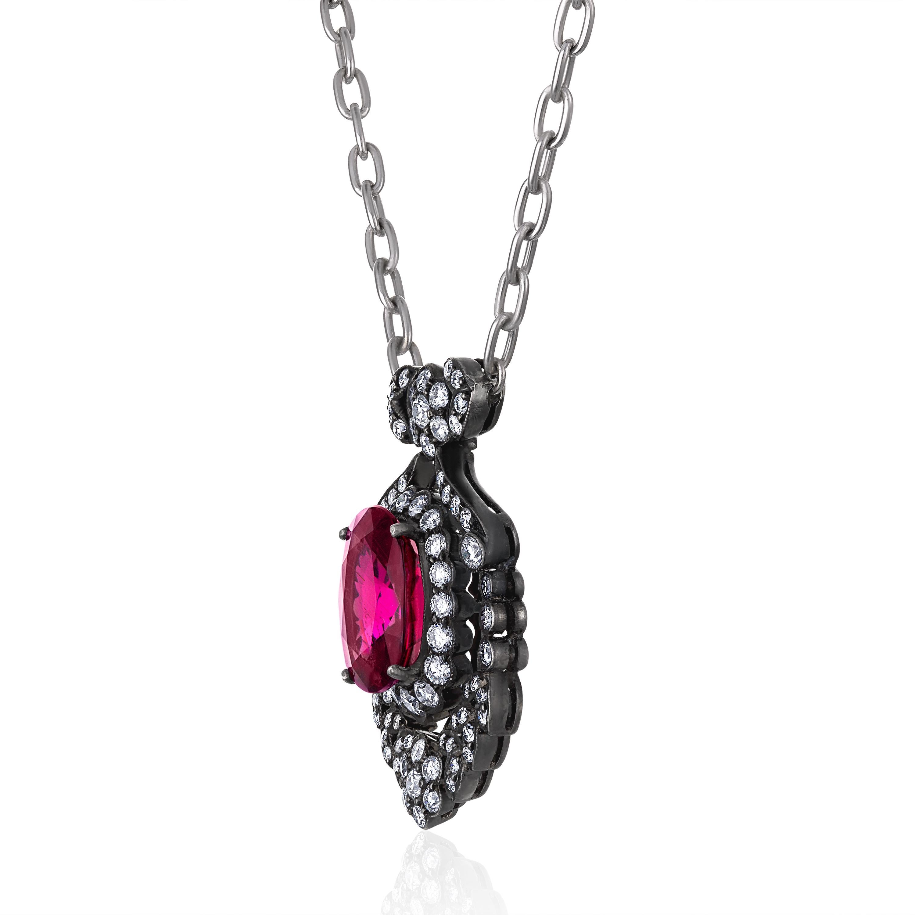 Brilliant Cut Mindi Mond Rubellite and Diamond Pendant Necklace For Sale