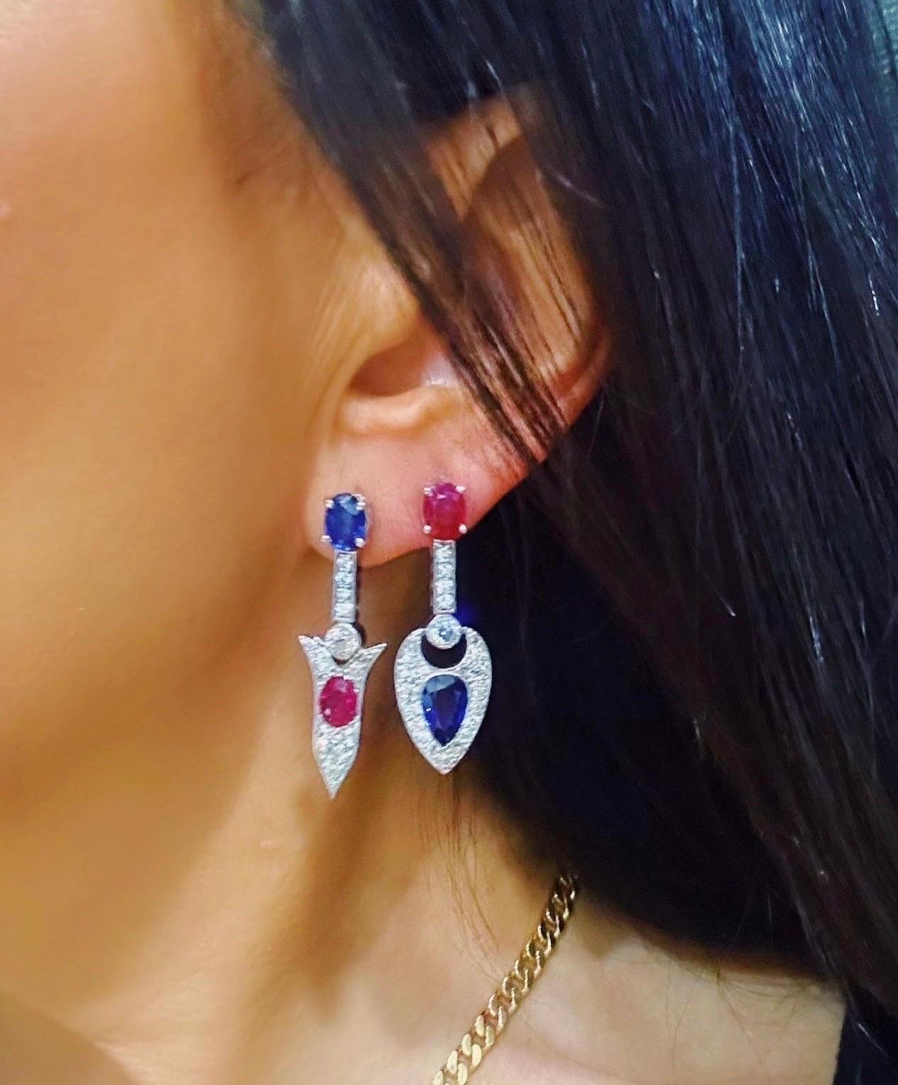 Mixed Cut Mindi Mond Ruby Sapphire Diamond Arrow Ear Pendants For Sale