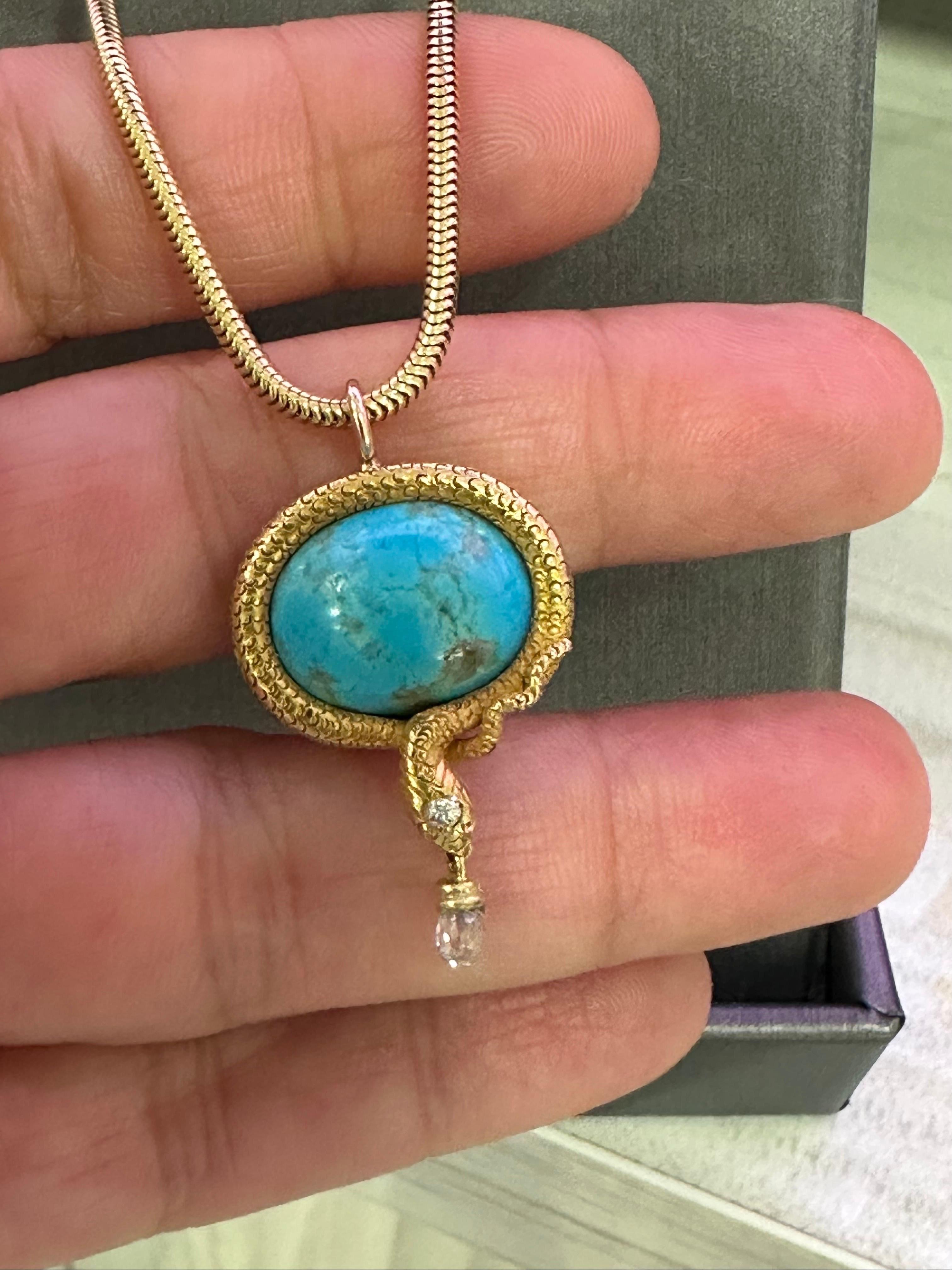 Briolette Cut Mindi Mond Victorian Turquoise Briolette  Diamond Gold Snake Pendant   For Sale