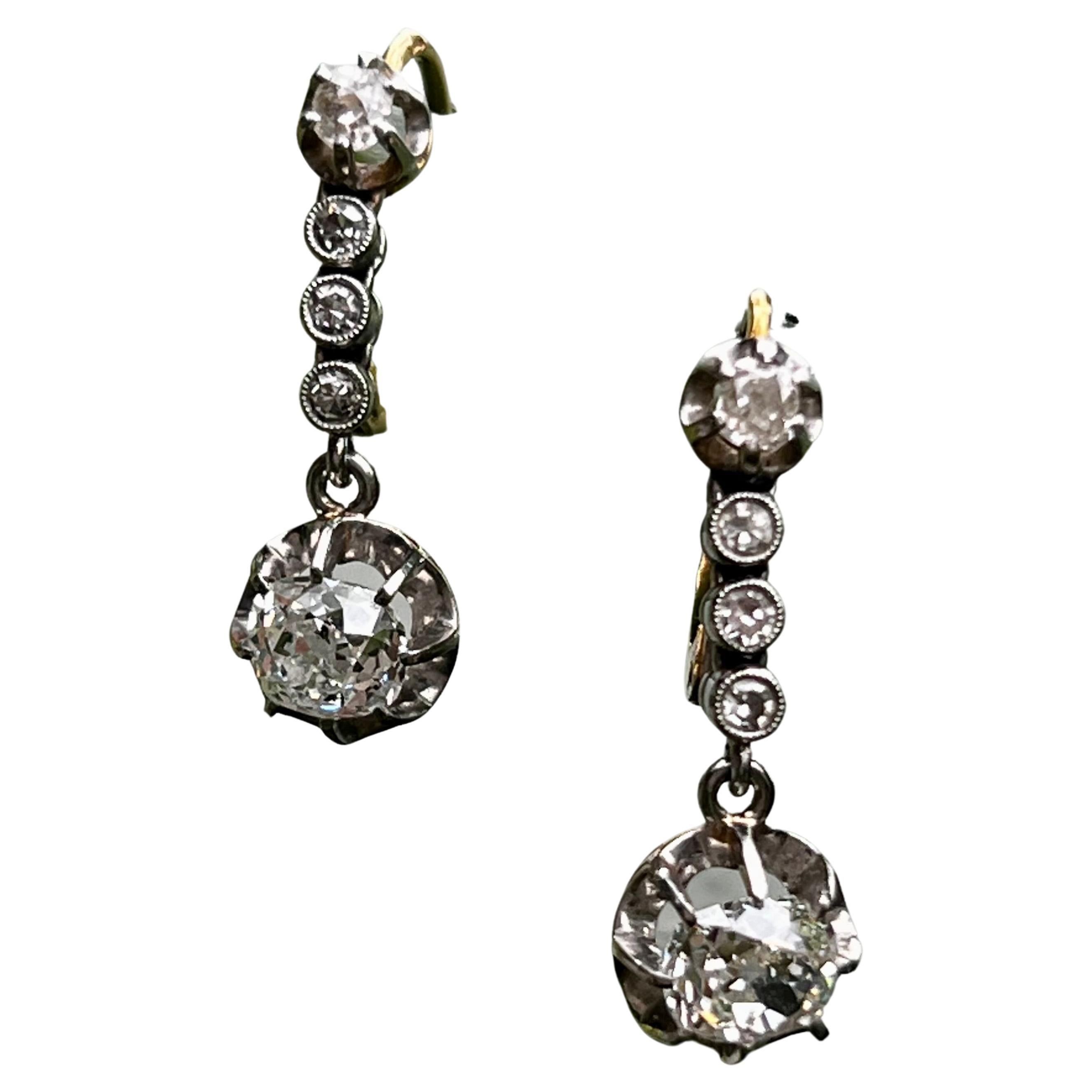Mine Cut Diamond 2.2 Carat Earrings circa 1920s in Platinum and 18 Karat Gold For Sale