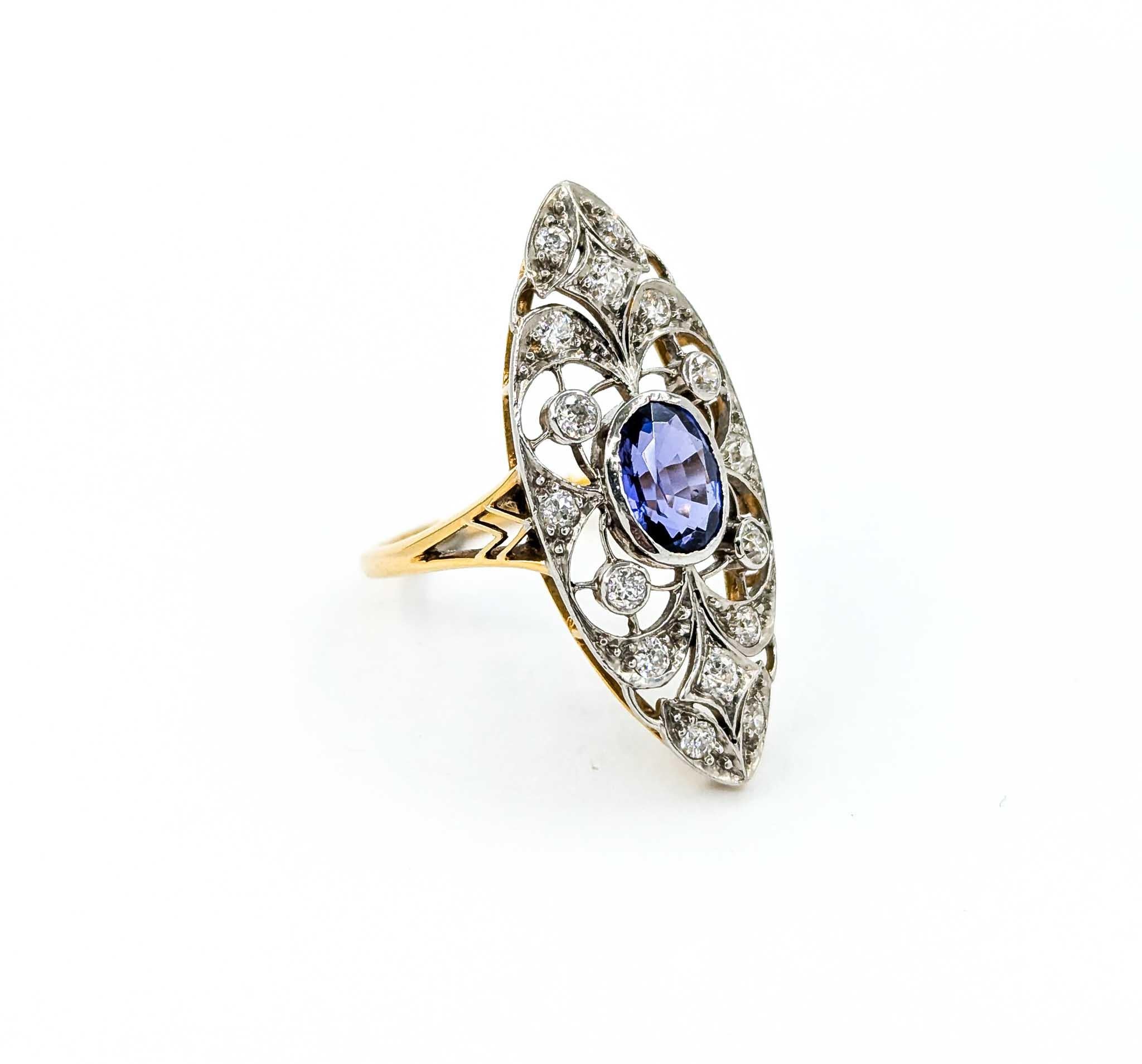 Ring aus 18 Karat Gelbgold und Platin mit Diamanten im Minenschliff und Tansanit 5