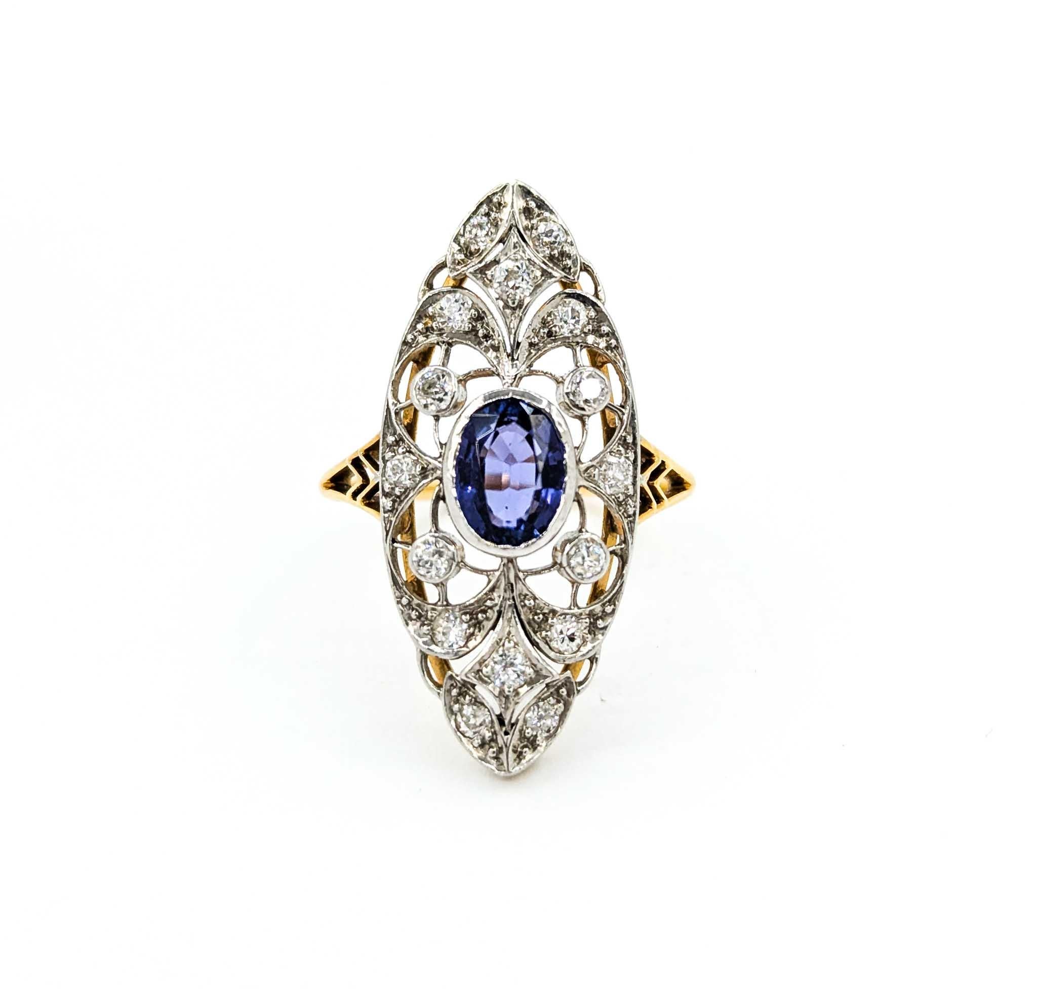 Ring aus 18 Karat Gelbgold und Platin mit Diamanten im Minenschliff und Tansanit 6