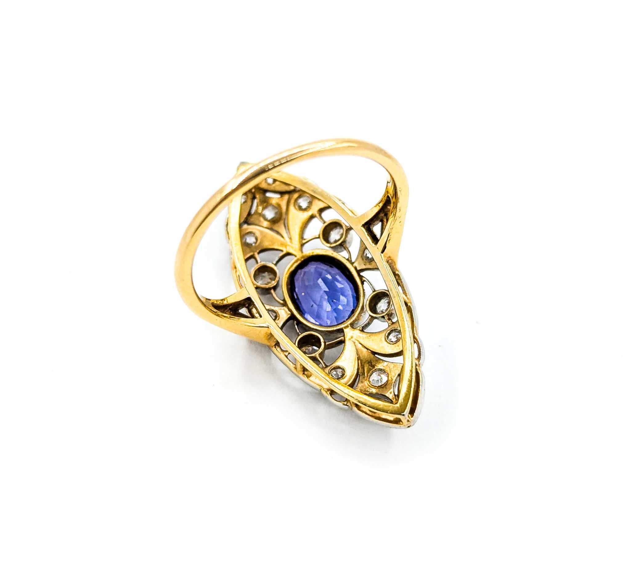 Ring aus 18 Karat Gelbgold und Platin mit Diamanten im Minenschliff und Tansanit 3