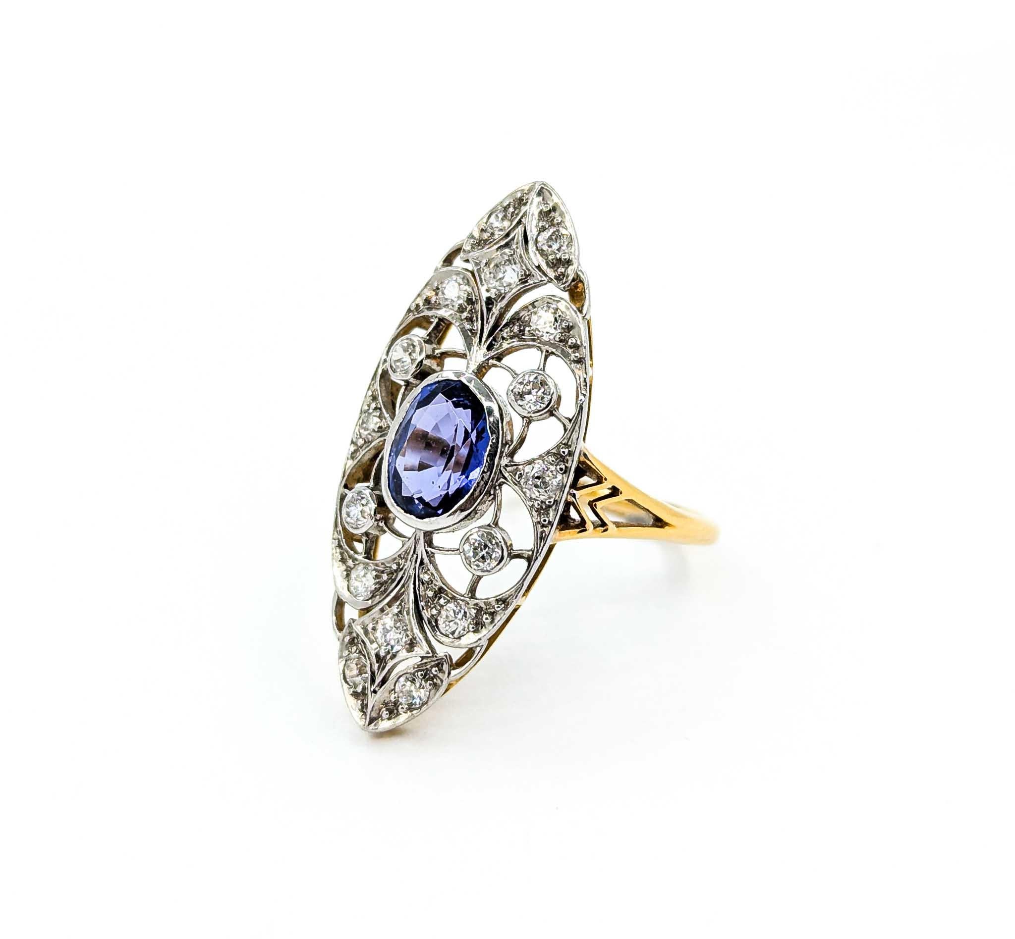 Ring aus 18 Karat Gelbgold und Platin mit Diamanten im Minenschliff und Tansanit 4
