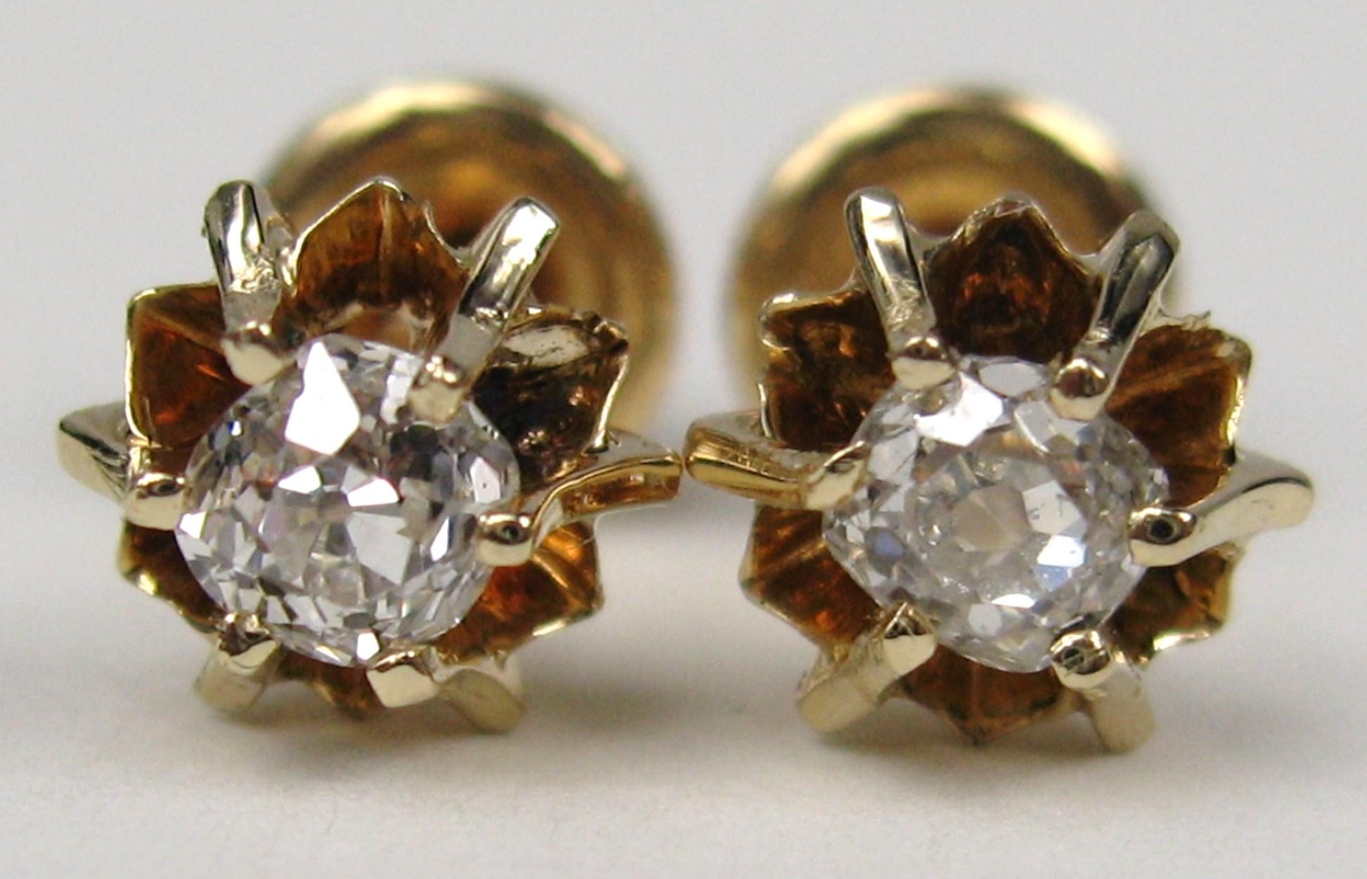Mine Cut Diamond Gold Earring Studs, 1860s In Good Condition In Wallkill, NY