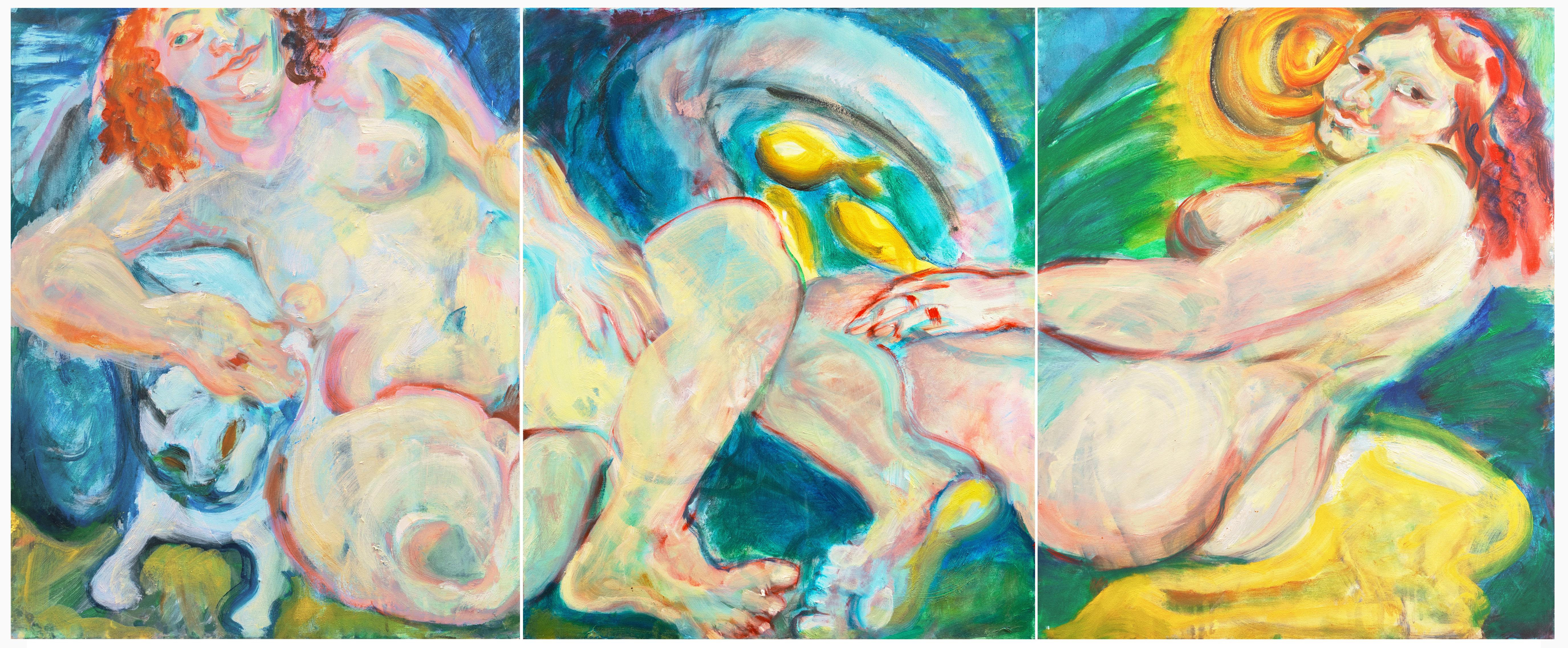 Mine Grassetti Figurative Painting - 'Large Post Impressionist Figural Oil Triptych', Bennington, Richmond Art Center