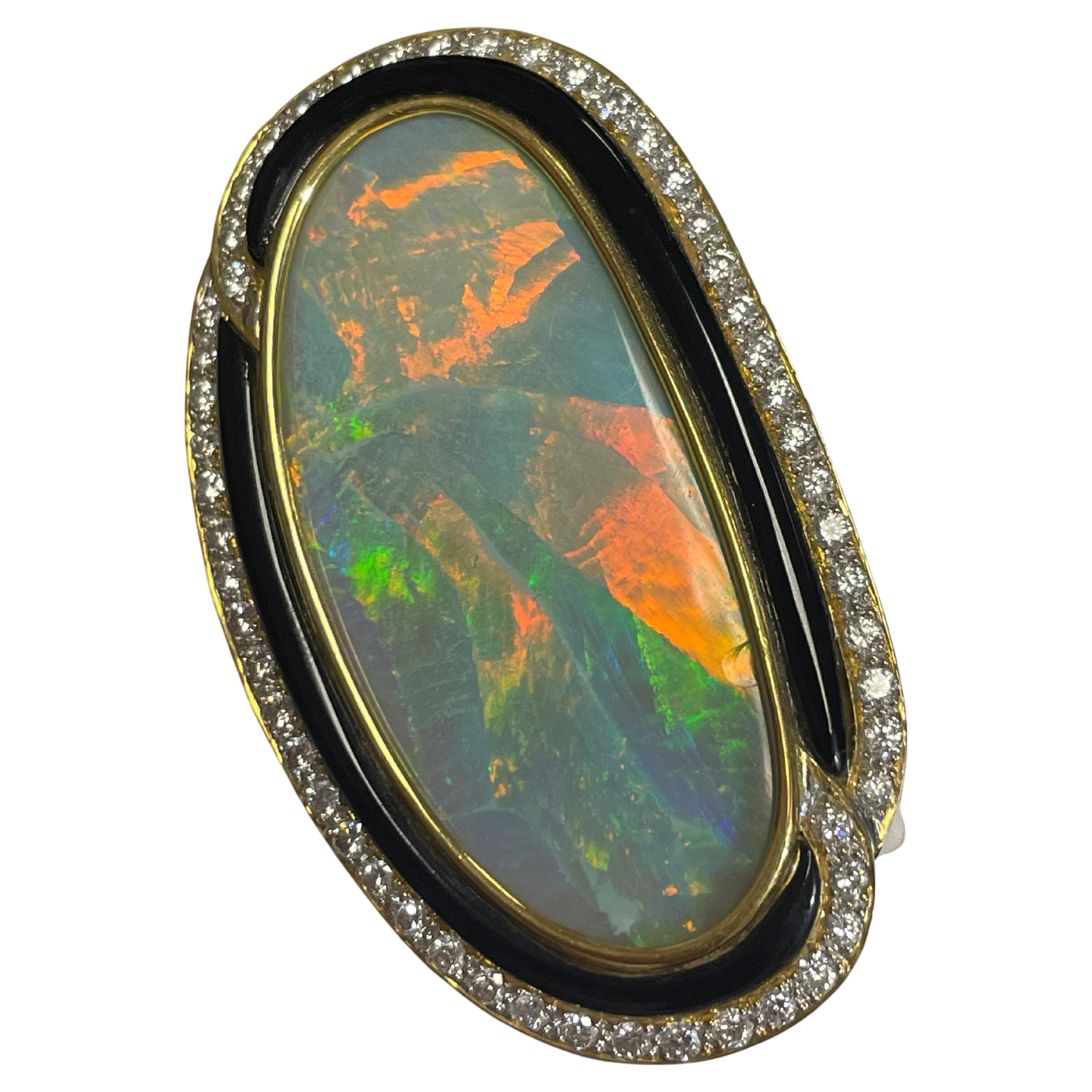 Mineable Boulder Opal, Diamonds, and Black Opal Broach in 18k Yellow Gold 
