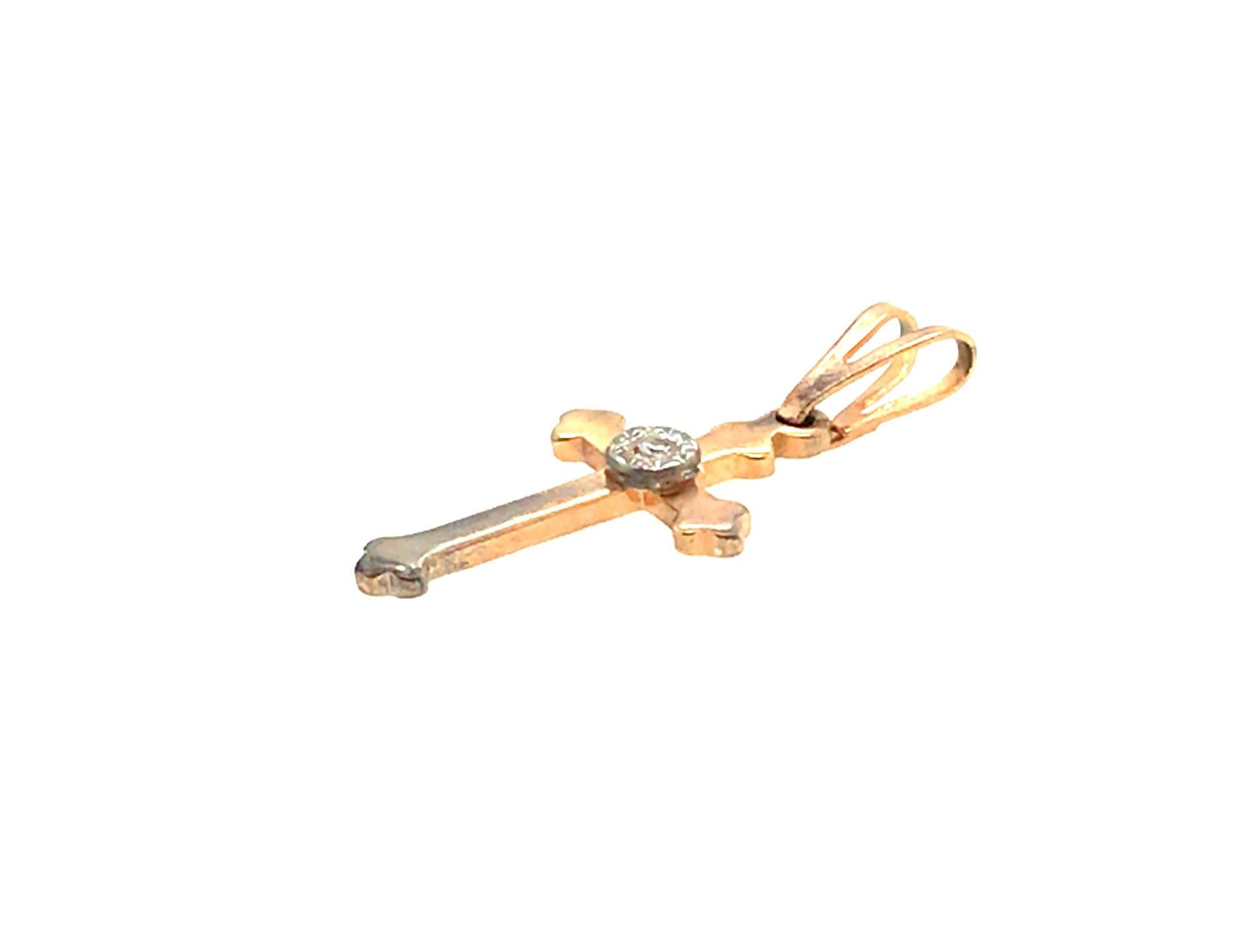 Single Cut Mined Diamond Cross Pendant Necklace Yellow Gold Communion For Sale