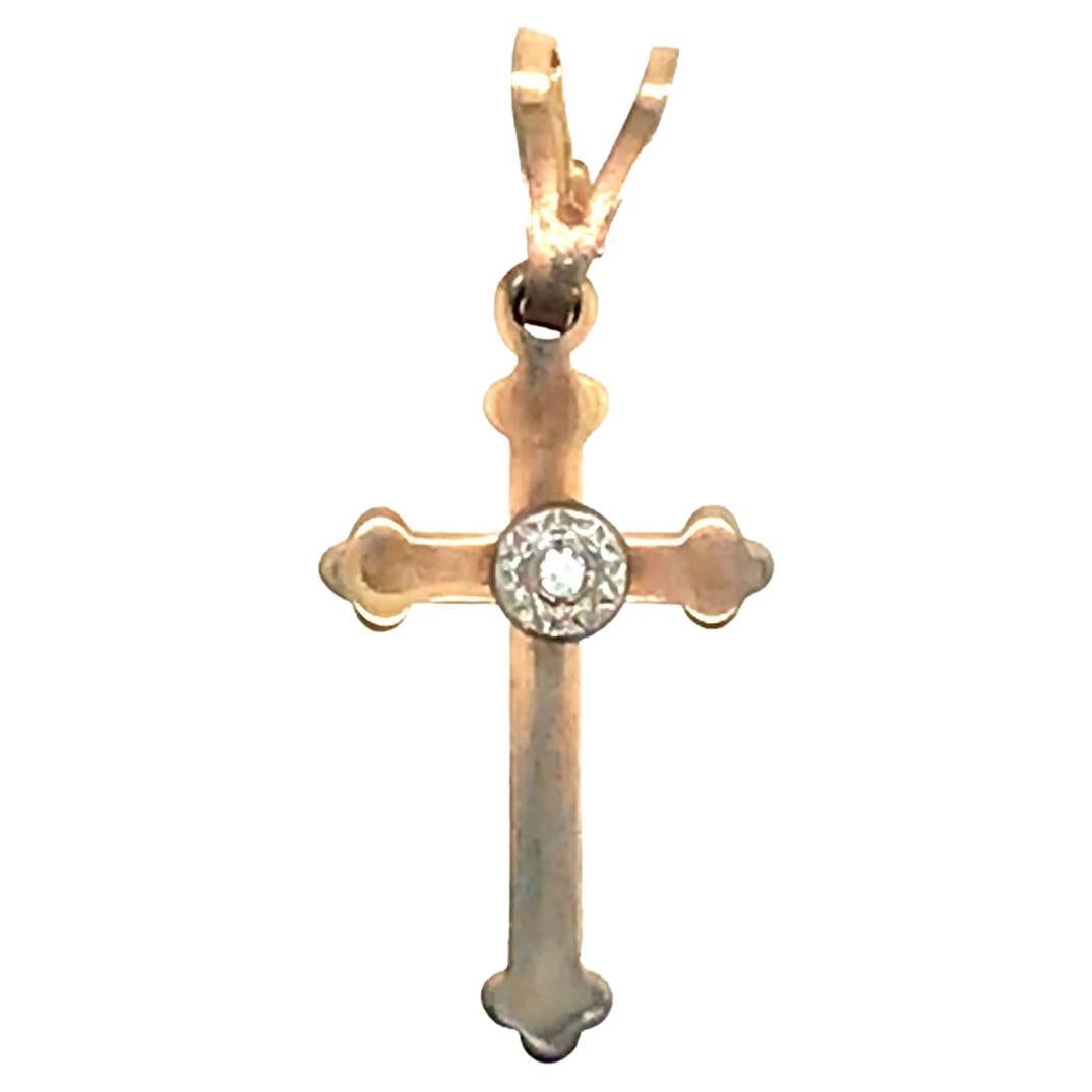 Mined Diamond Cross Pendant Necklace Yellow Gold Communion For Sale