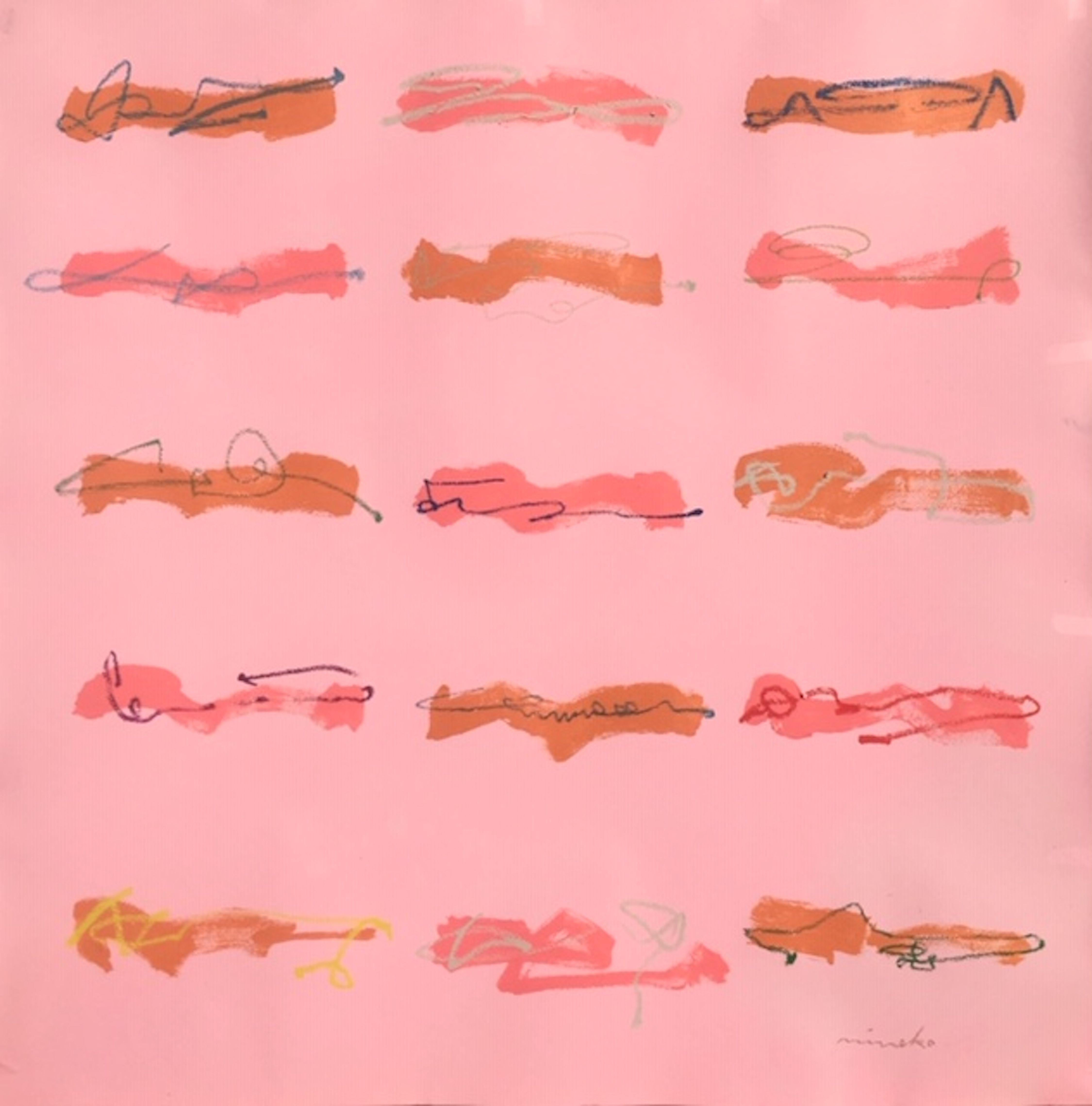 Dessin au trait sur papier rose, technique mixte - Mixed Media Art de Mineko Yoshida